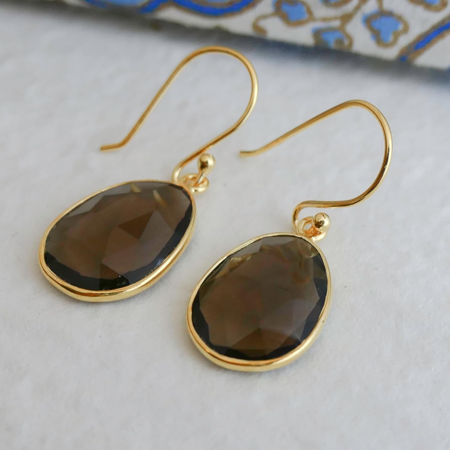 12x15mm Gemstone Drop Earrings - Sterling Silver with 3 micron Gold Plating - Natural Gem - Scandinavian Handmade Fine Jewelry for Women