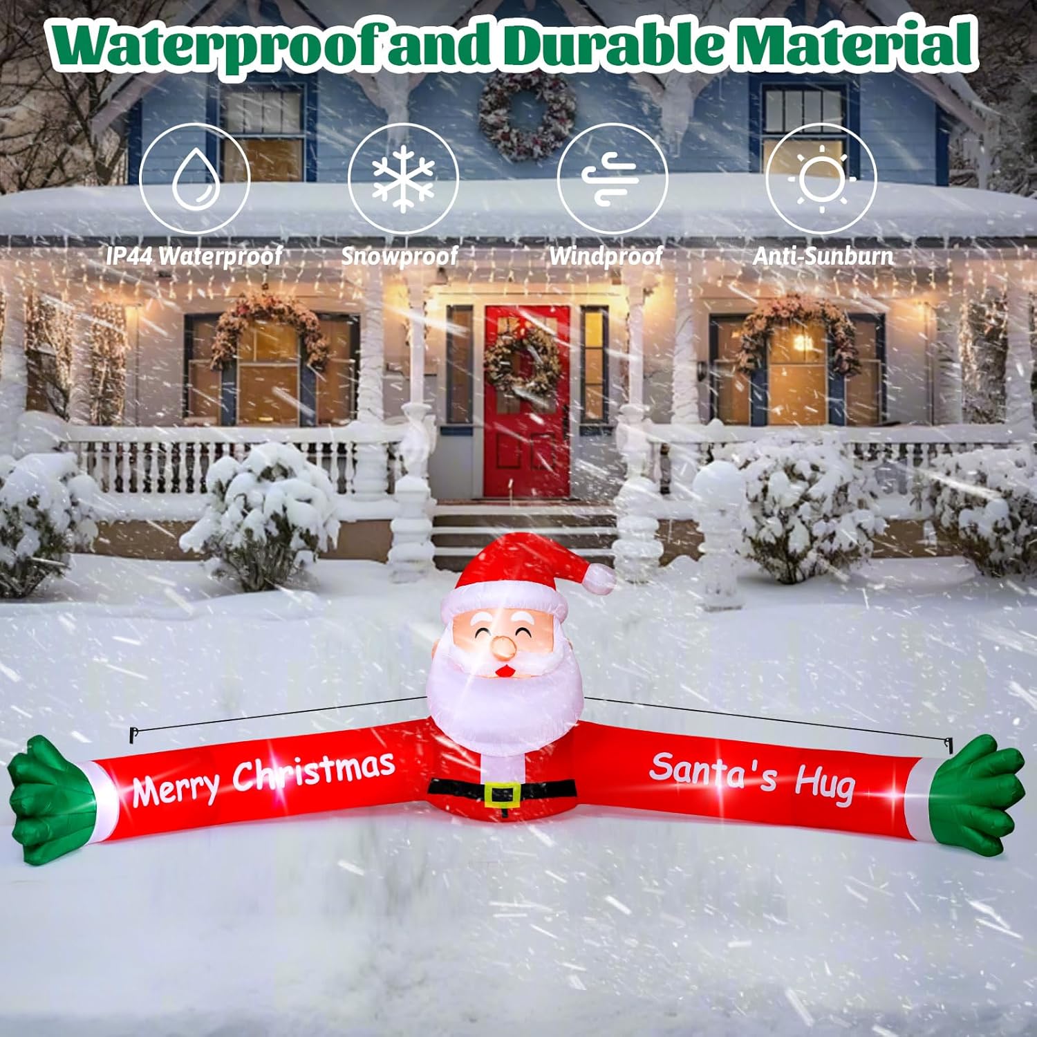 10FT Christmas Santa Claus Long Arm Inflatables Outdoor Decorations, Christmas Blow Up Hug Santa Claus Decoration with 5 x Bright LED Lights for Lawn Street Garden Xmas Holiday Party, Instant Inflate