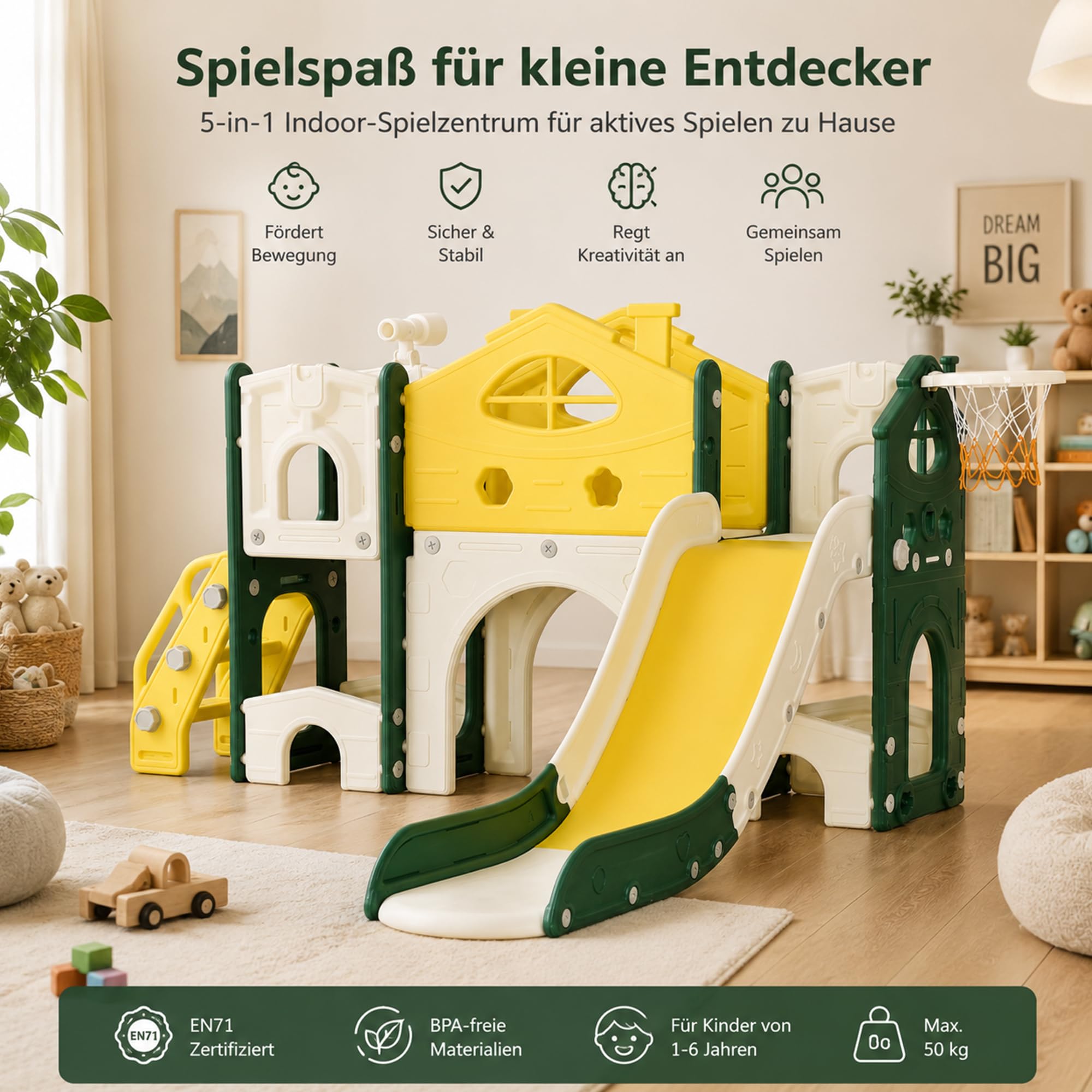 DULRLLY 5 in 1 Kinder Rutsche Indoor Outdoor, Rutschhaus mit Klettergerüst, Basketballkorb Und Tunnel, Schaukel und Treppe, Montessori Kinderspielplatz Wohnzimmer & Kinderzimmer ab 1–6 Jahre