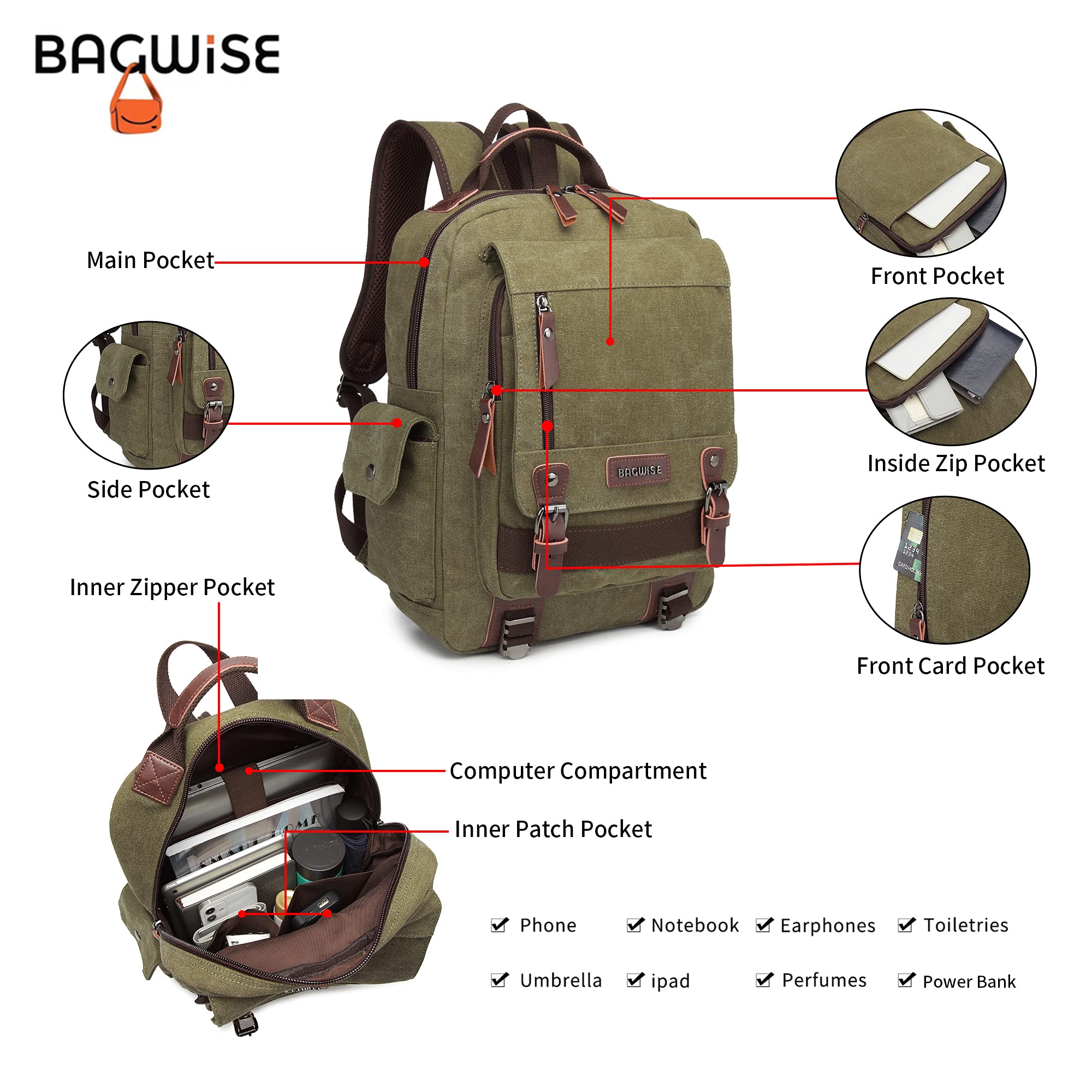 Zaino in Tela Donna Uomo – Zaino Vintage Impermeabile con Tasche Multiple, Zaino Casual in Canvas con Dettagli in Ecopelle
