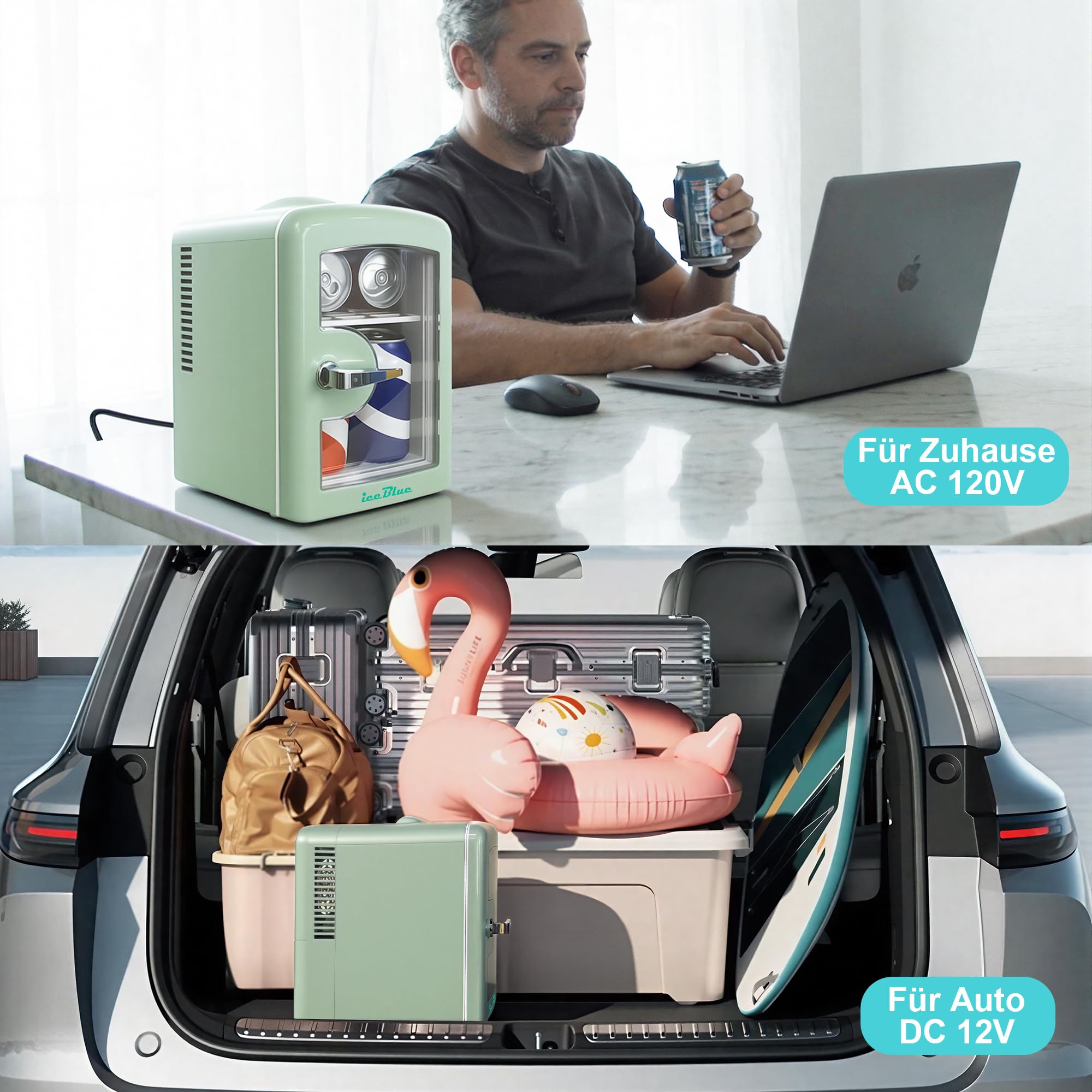 Iceblue Mini-Kühlschränke, winziger Kühlschränke mit Blickfenster, 4L / 6 Dosen Hautpflege Kühlschränke für Schönheit & Getränke, Kleiner Kühler für Zuhause, Auto, Geschenke - Grün