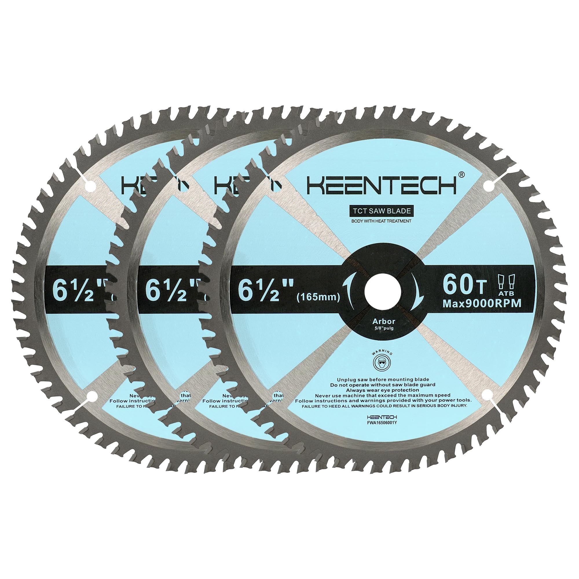 KEENTECH 6-1/2" Dia. by 5/8" Bore 60 Tooth Fine Finish Circular Saw Blade 3-Pack, Tungsten Carbide Tipped, ATAF Grind