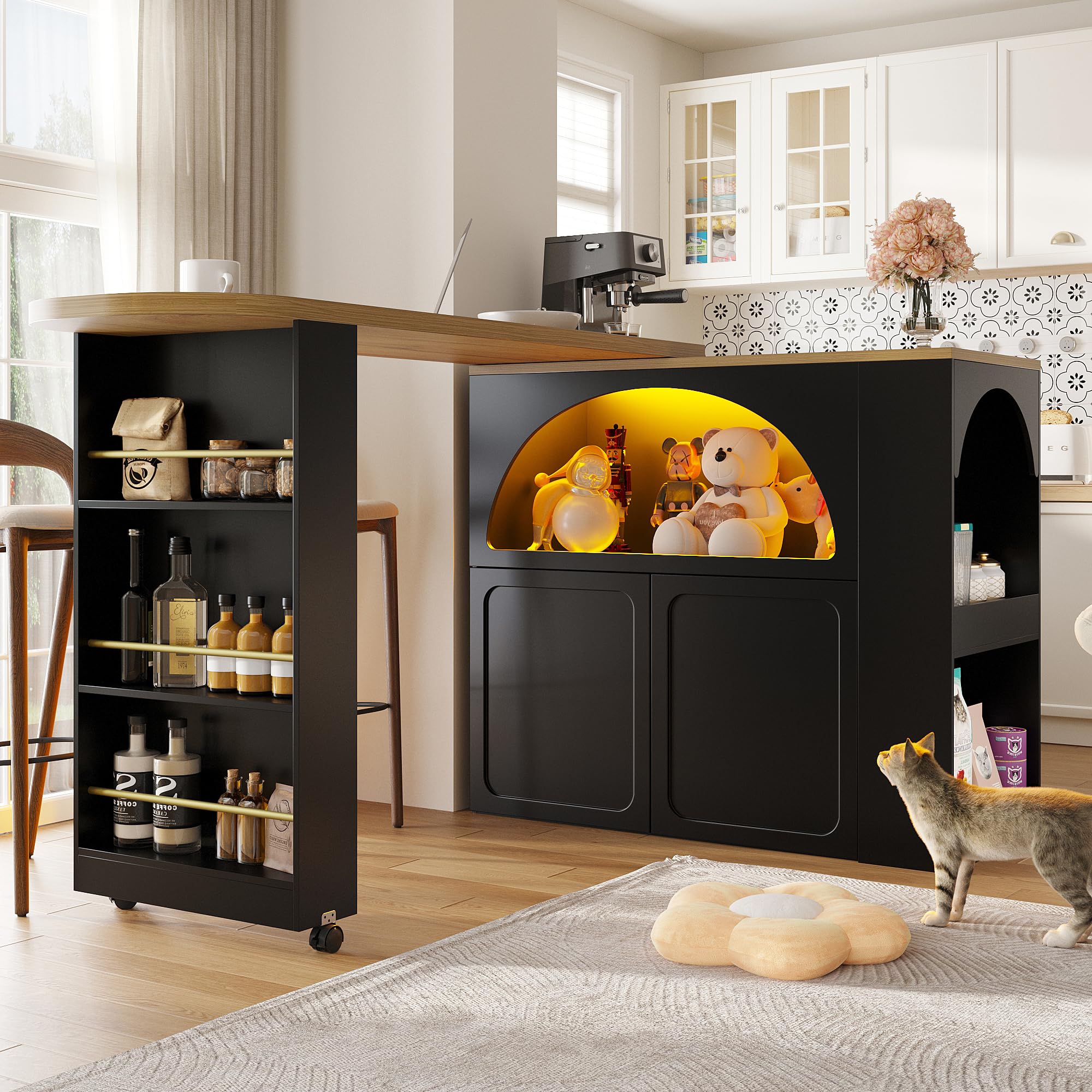 Merax Ausziehbarer Bartisch 135–205 cm,Beweglicher Bar Table mit LED & Rollen, Teleskopischer Hochtisch Kücheninsel schwarz, Bartheke mit Gewölbten Türen, Snack-Regal & Soft-Close Schrank