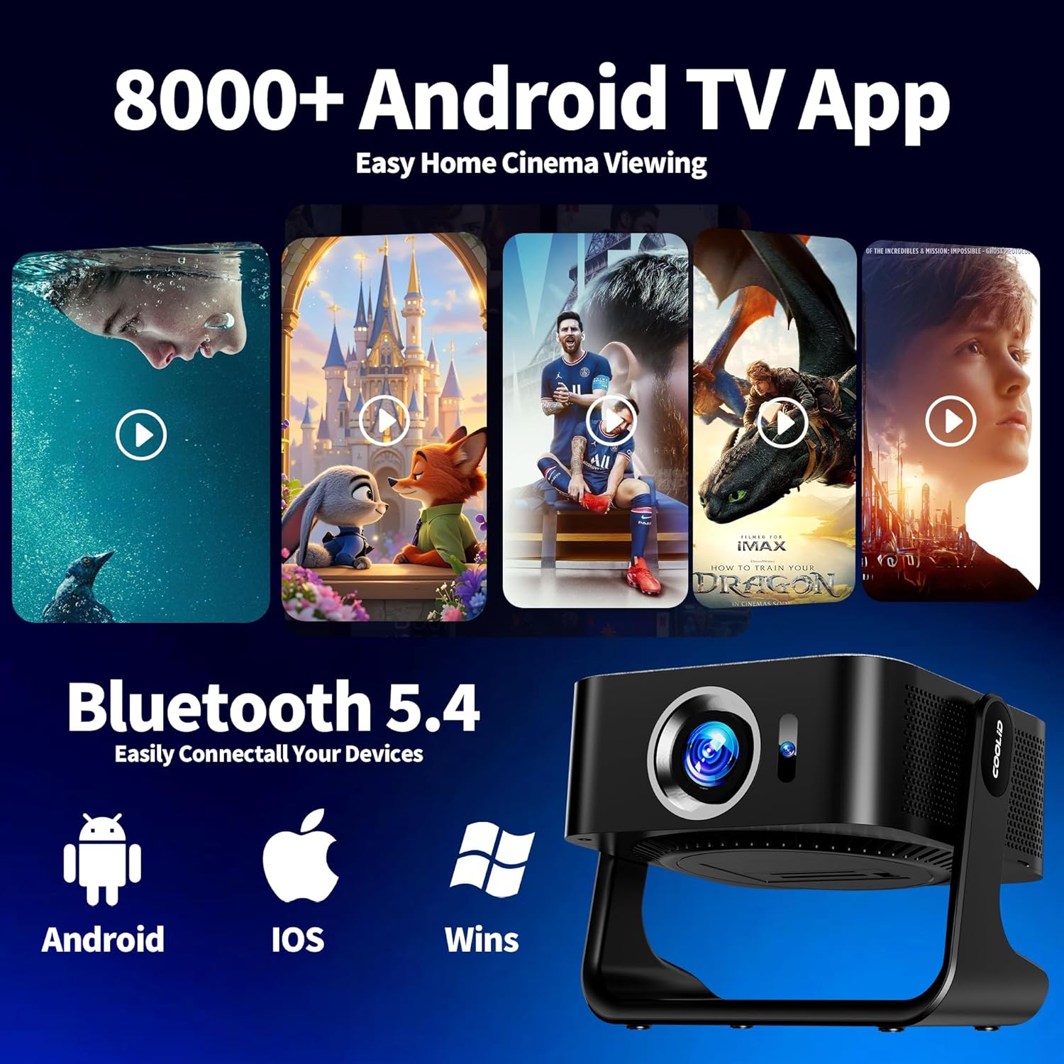 [Compatible with Netflix & Support 4K] 1080P HD Mini Projector Dual Band WiFi6 5G and BT 5.4 Auto Focus & Obstacle Avoidance Portable Outdoor Projector, 270° Adjustable Stand for Home Movie - Black - Image 3