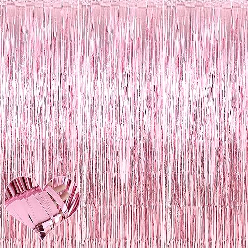 Paquete de 4 cortinas de flecos rosados, 3.2 pies x 9.8 pies de papel de oropel metálico, serpentinas de flecos para cabina de fotos, cumpleaños,