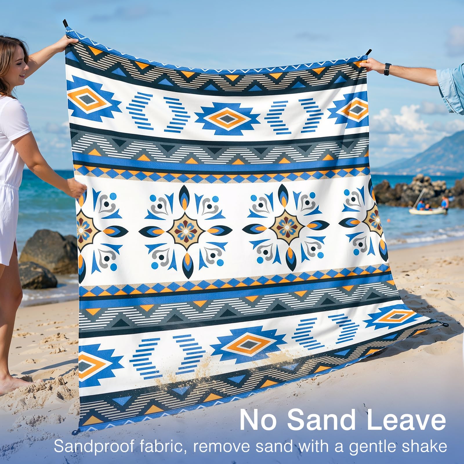 Rhino Valley Mata Plażowa 200x200cm Z Torbą I 4 Palikami | Odporna Na Piasek Szybkoschnąca Mata Plażowa Piknikowa Na Plażę, Podróż, Kemping, Wzór Serce Oceanu (6,5x6,5FT)
