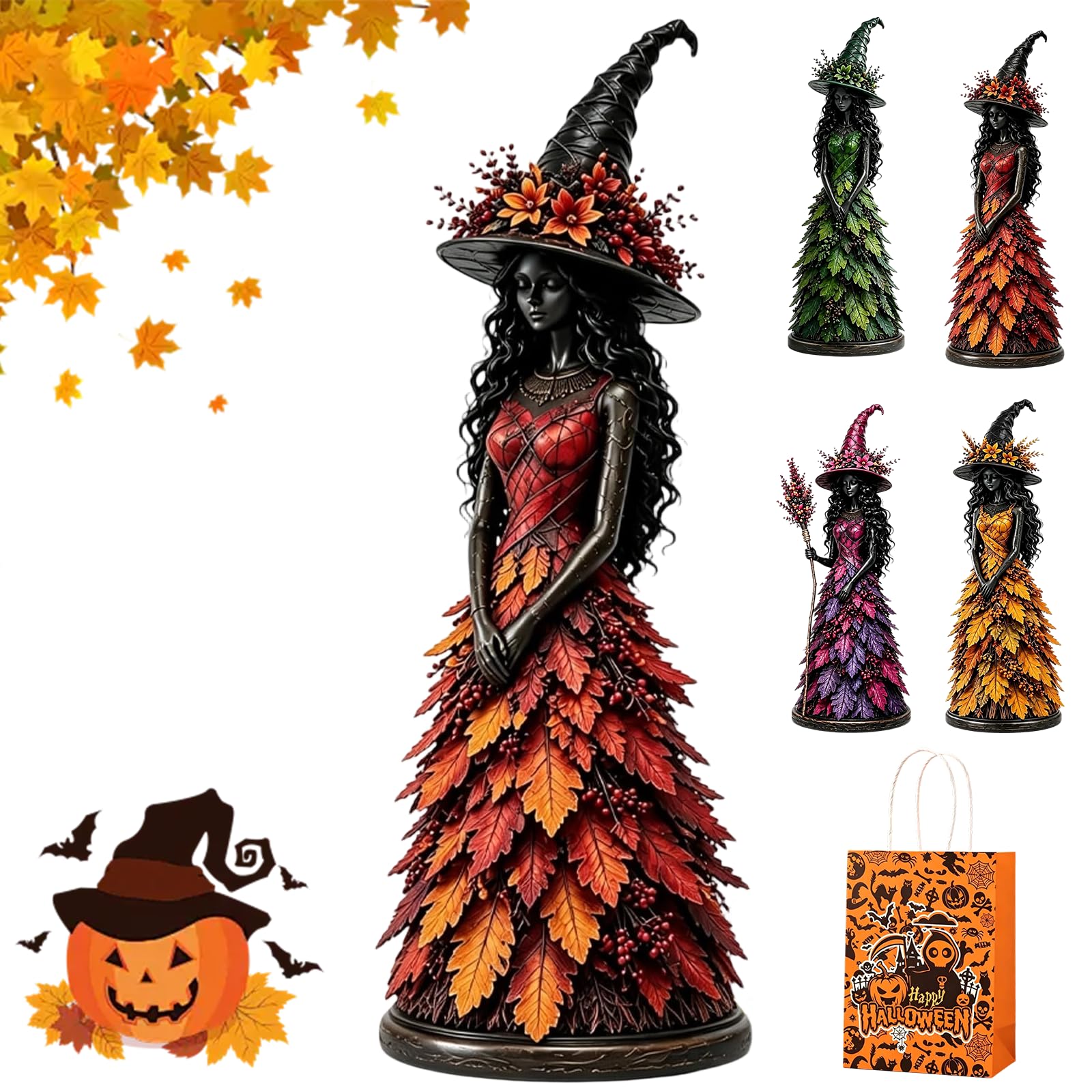 Liocwocne Enchanted Autumn Witch Figurine, Resin Fall Mantel Decor (Red,L)