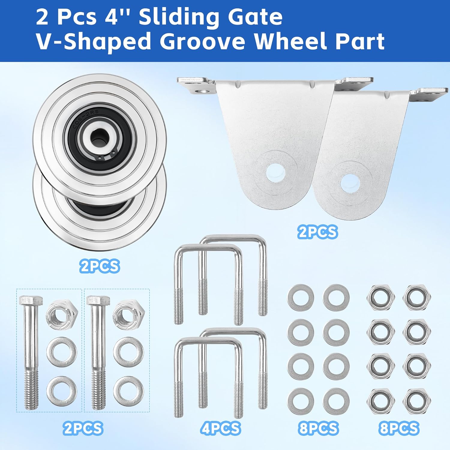 2 Pack 4" V-Groove Slide Gate Wheel Kit, Heavy Duty Solid Steel Dual Sealed Bearing, Up to 3000lbs Capacity, No Welding fit for Inverted V-Shape Sliding Rolling Track Gates