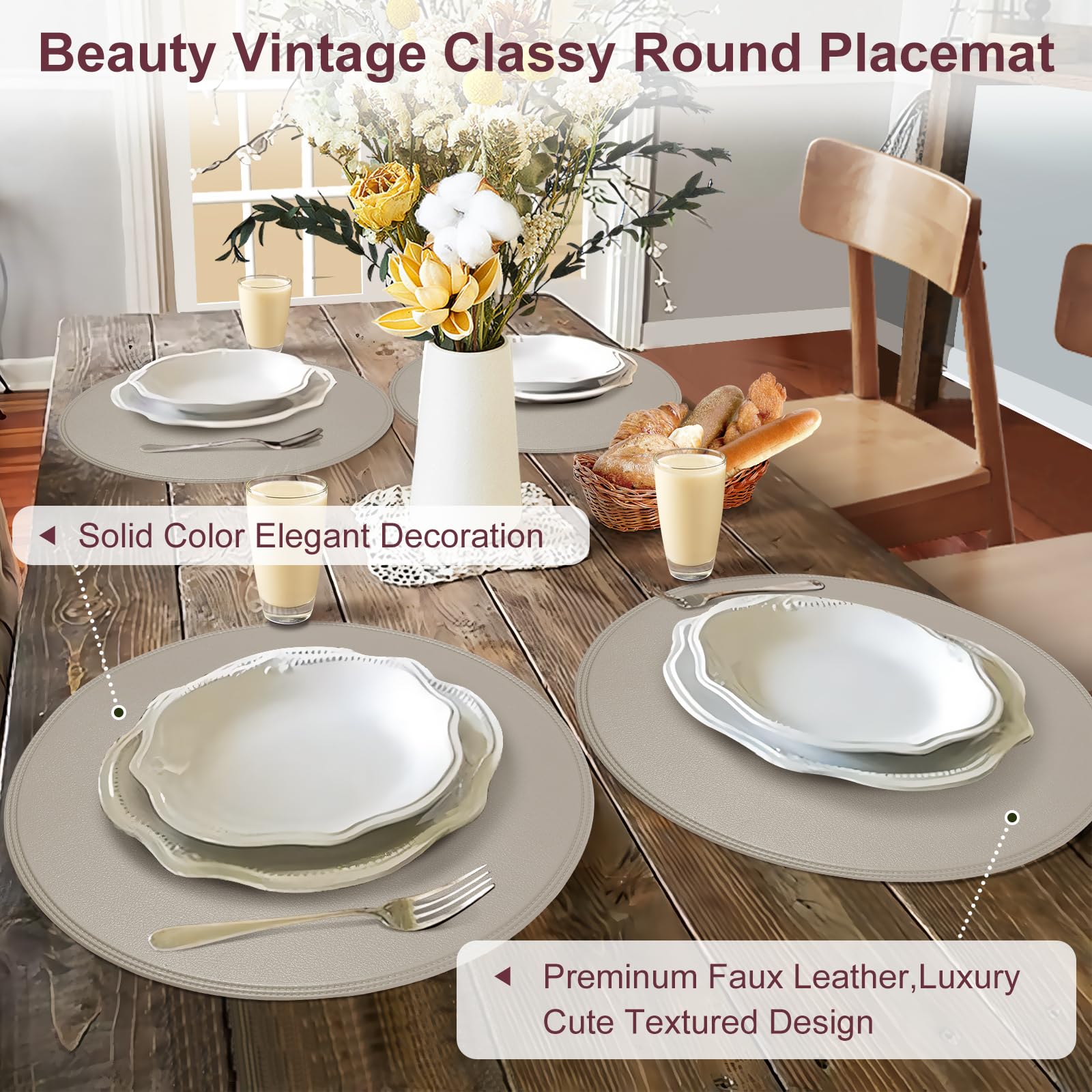 Rinpon Round Vinyl Placemats Set of 6, Faux Leather Waterproof Wipeable Heat Resistant Place Mats, Washable Oil-Proof - Image 2