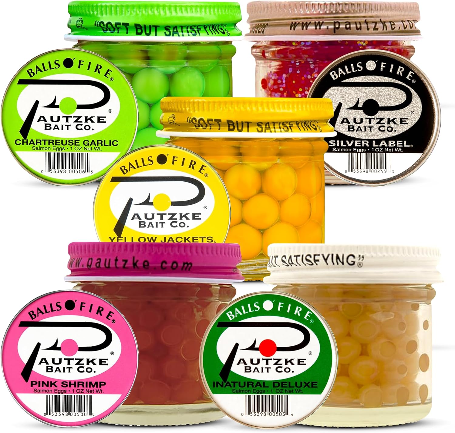 LURWIND Bundle of Pautzke Balls-o-Fire 5 Pack, Natural Salmon Eggs Fishing Bait, Trout Bait, Fish Eggs for Salmon Fishing, Yellow Jacket, Green Label, Silver Label, Natural, Pink Shrimp