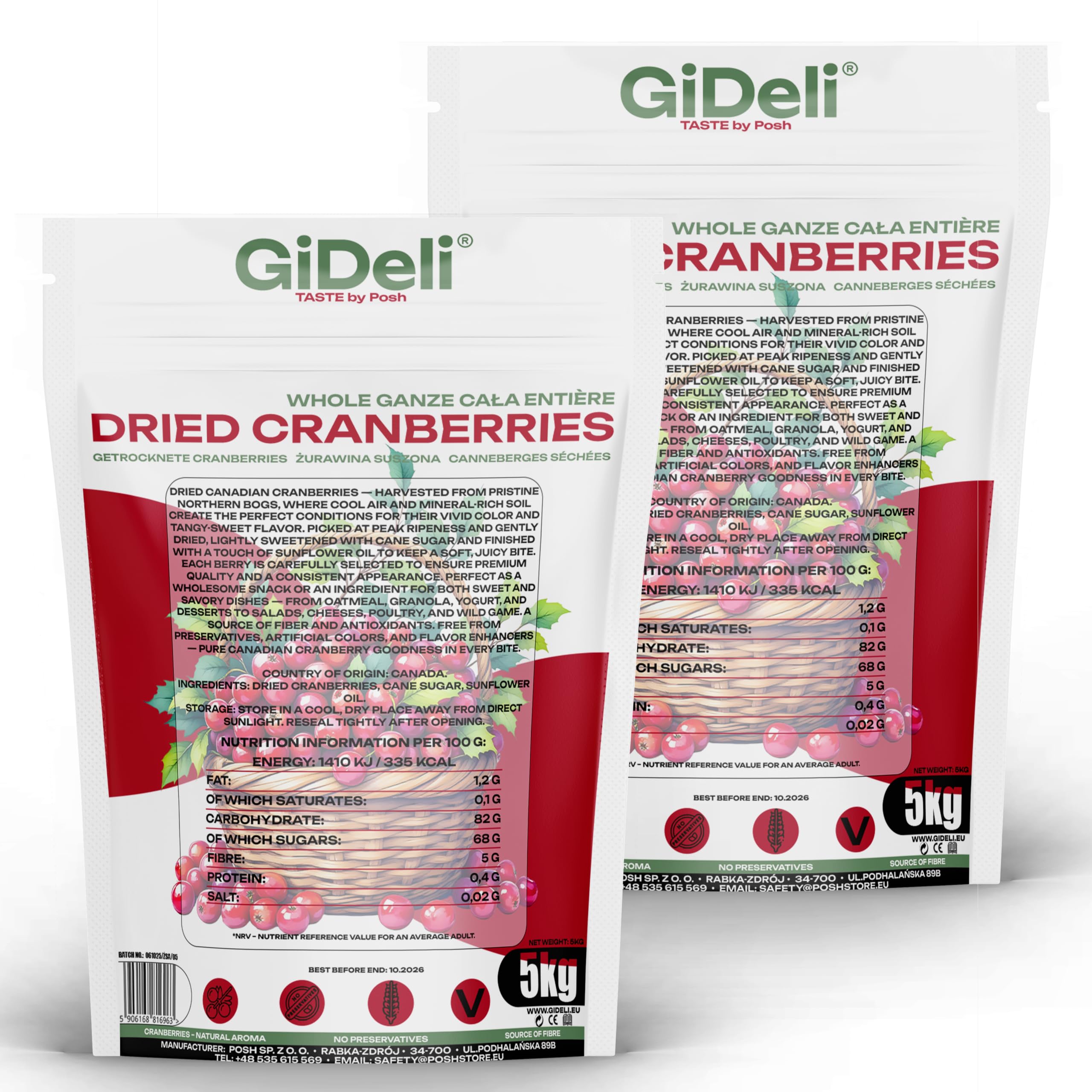 GiDeli Cranberries getrocknet 2 x 5kg – aromatische Trockenfrüchte, Cranberries ideal als Snack, im Müsli, Joghurt oder zum Backen, natürlich fruchtiger Geschmack