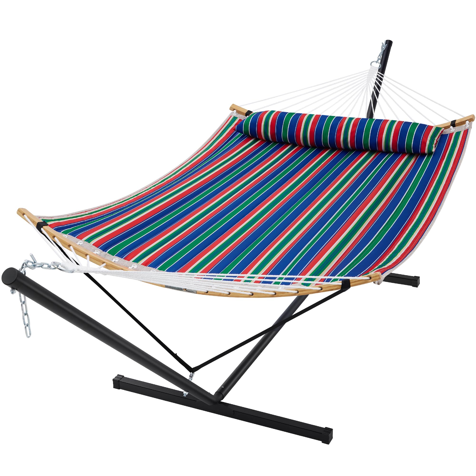 superjare curved-bar hammock with stand, 2 person heavy duty hammock frame, detachable pillow & portable carrying bag, perfect for outdoor & indoor, retro blue and green