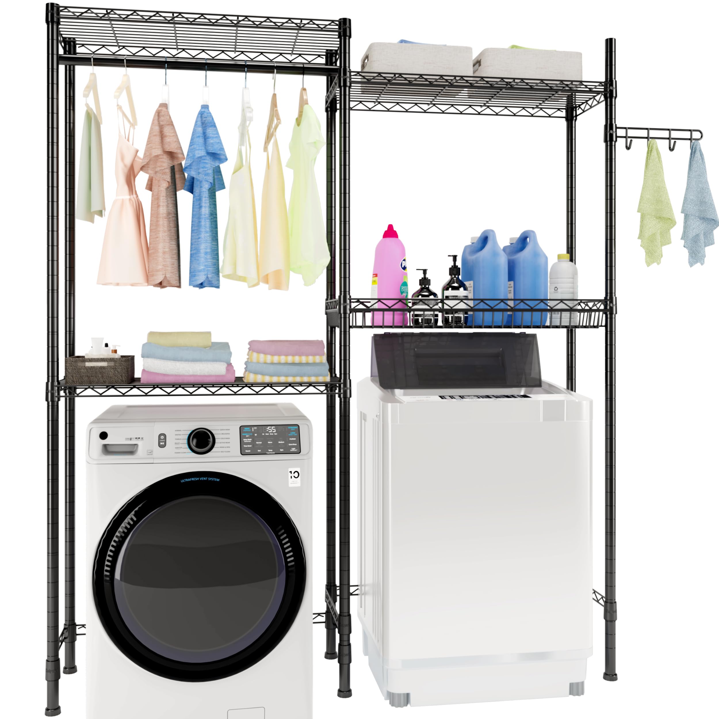 Over Washer and Dryer Shelves,Laundry Room Storage Organization Clothes Drying Rack,4 Tier Adjustable Height Wire Shelving with Wire Basket,Hanger Rod&Hook,Space Saving Shelf