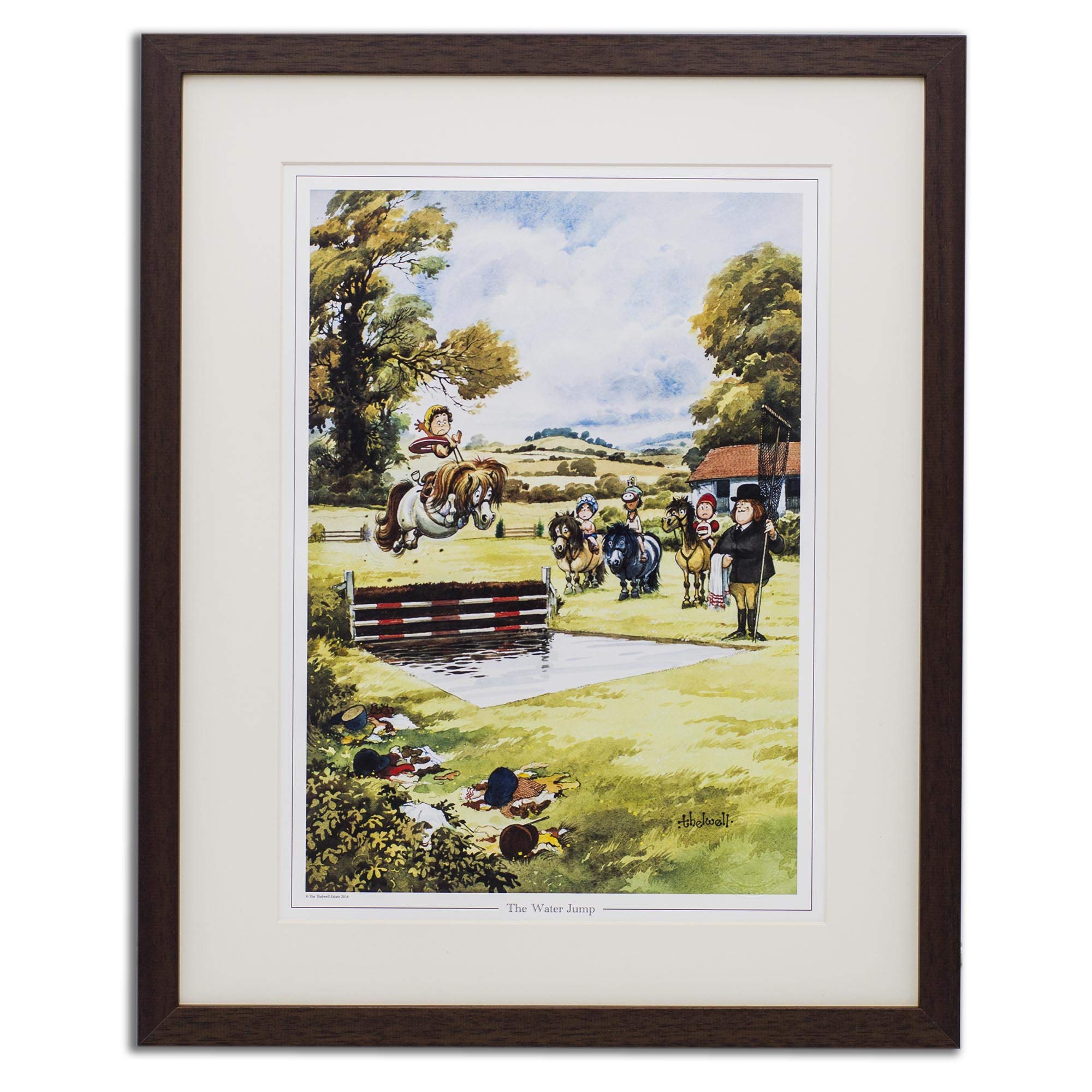 Thelwell Brown Cartoon Pony And Horse Riding Print. The Water Jump Framed And Ready To Hang.