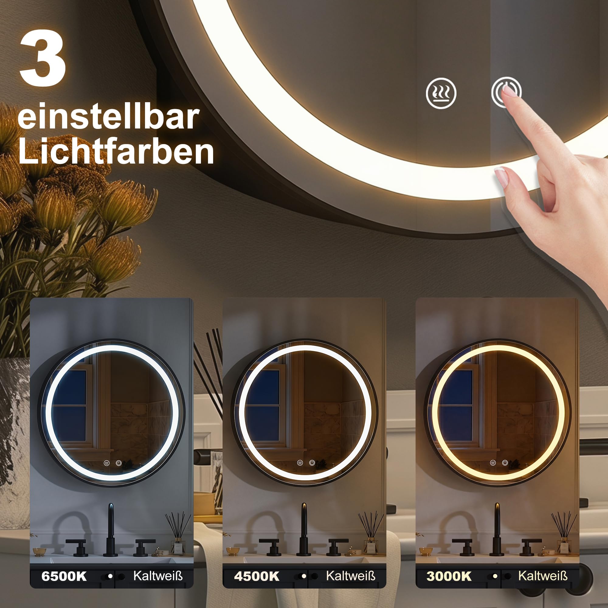 60cm Rund Spiegelschrank Bad mit Beleuchtung dimmbar beschlagfrei