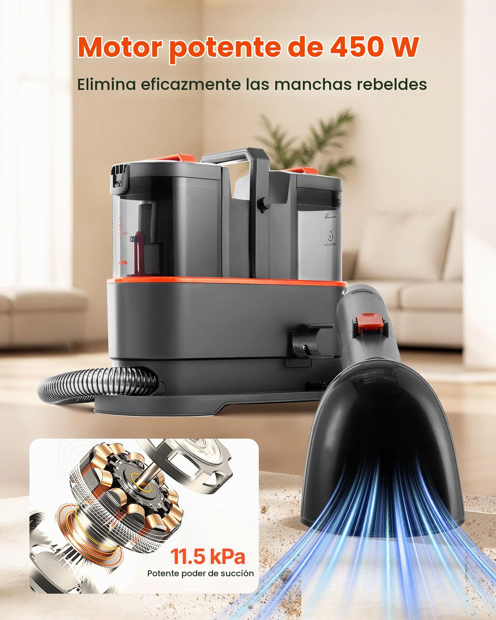 VEVOR Máquina de Limpieza de Alfombras, con Tanque de Agua Limpia de 1,5 L y Tanque de Agua Sucia de 0,8 L, Limpiador Portátil Profundo de Manchas de Mano de 11,5 kPa para Alfombras, Sofás y Coches