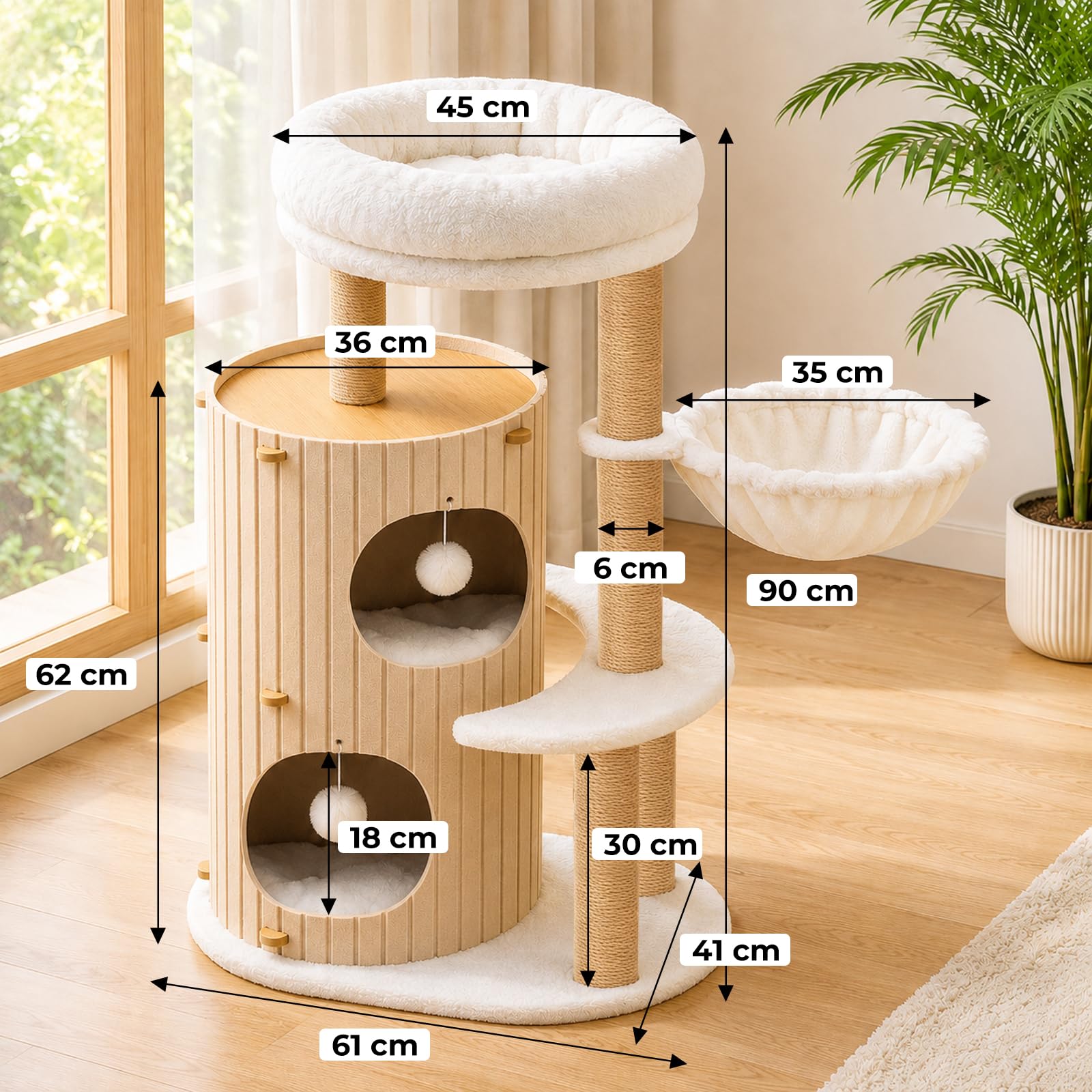 Premium kratzbaum mit 2er Kratztonne, Katzenbaum＆Große Plattformen | Sisalstämme, Kratzrampe, Katzenhaus, Plüschbälle und Katzenbürste für große Katzen