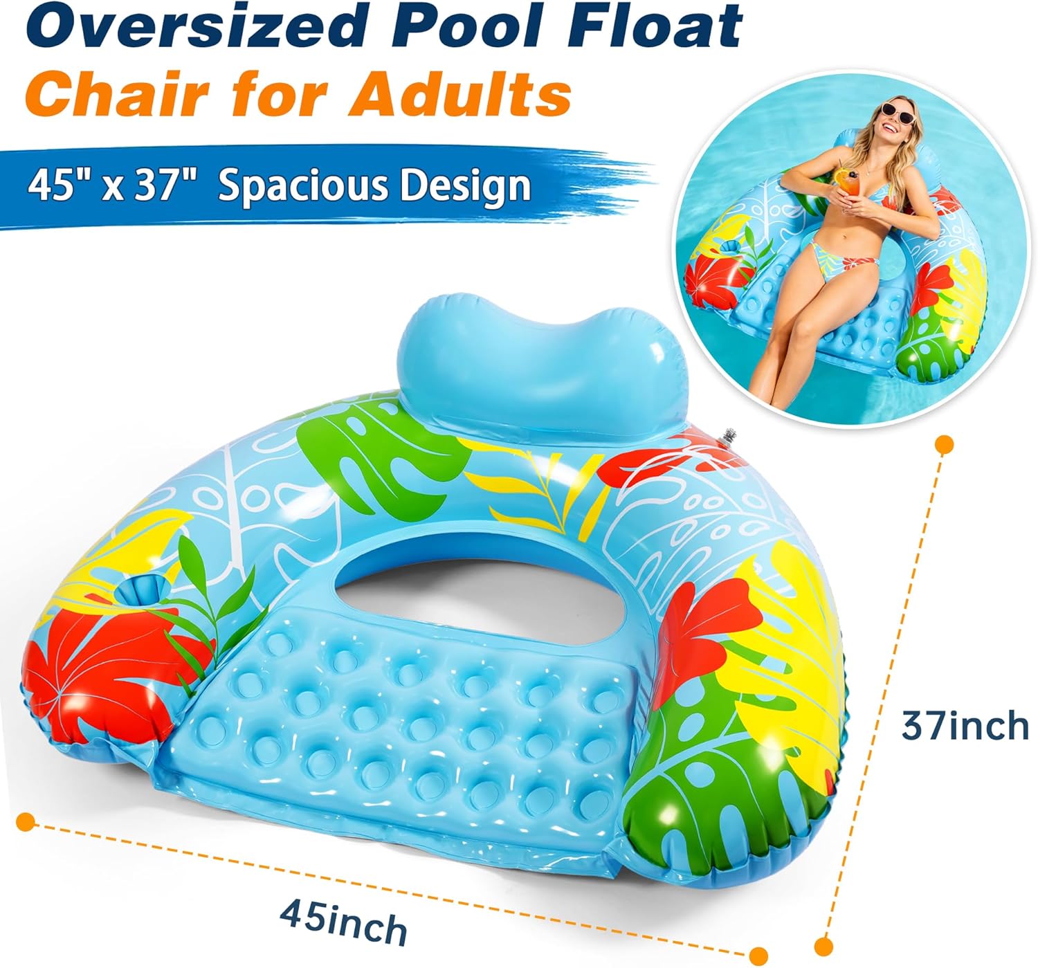 3 Pack Pool Floats Adult, Inflatable Pool Float Chairs with Cupholder, Comfortable Pool Toys Lounge Floaties for Pool, Lake, River, Beach, Summer Vacation & Water Party