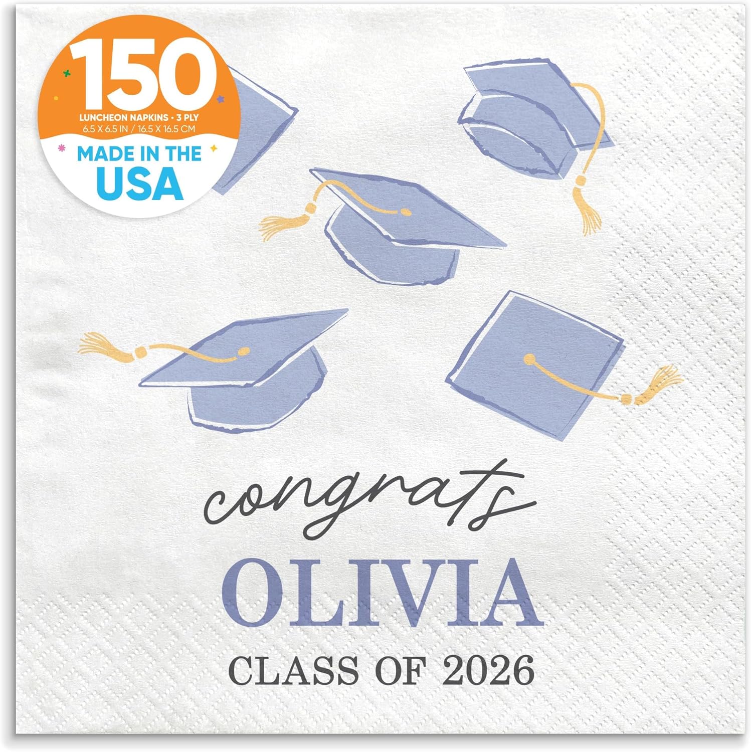 Big Dot of Happiness Personalized Light Purple Graduation Party Napkins, Lavender Party Decor, White 3-Ply Paper, Custom Class of 2026 Luncheon Dinner Napkins - 150 Count