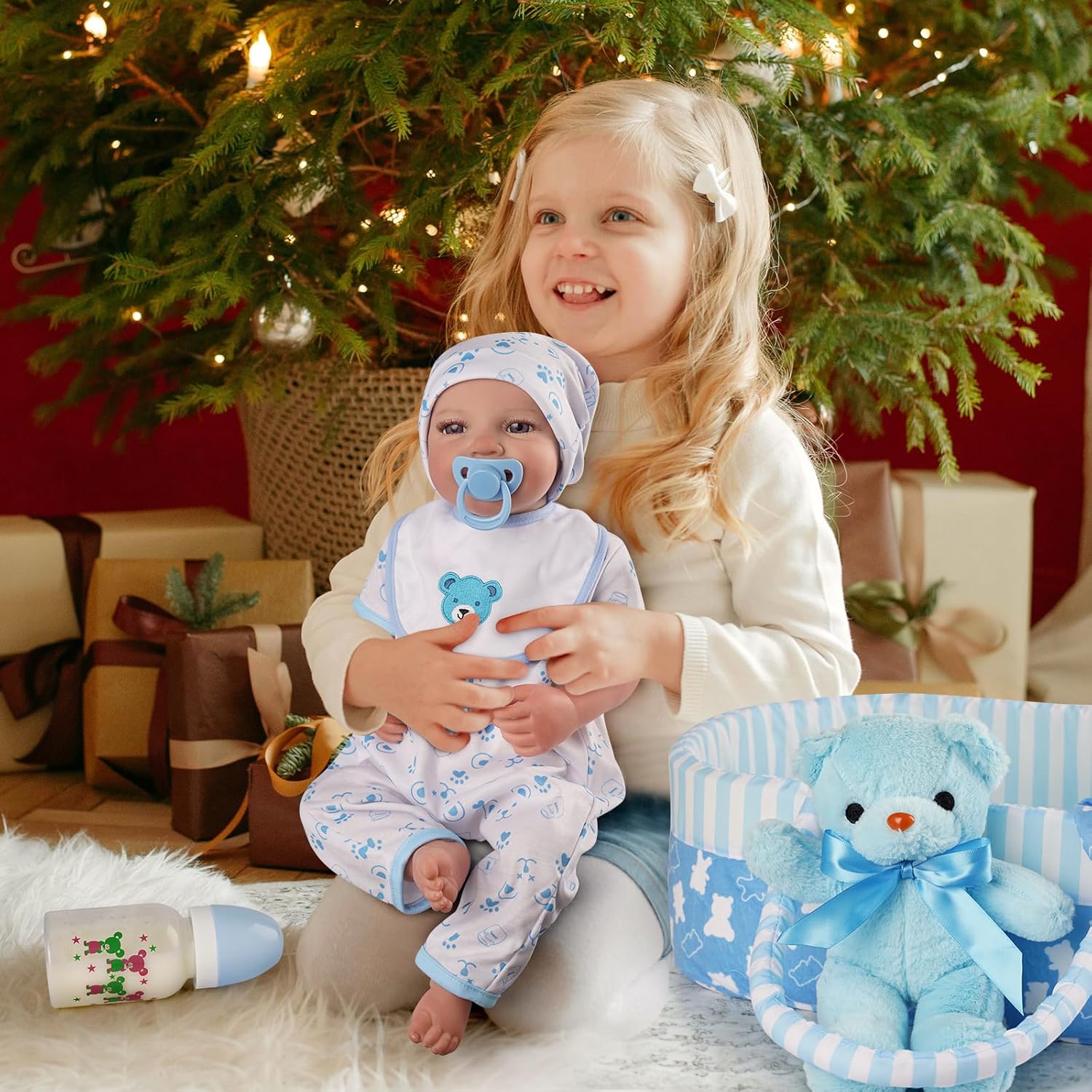 BABESIDE 9 Pcs Reborn Baby Doll Clothes Set for 17-22 Inch Dolls, Reborn Baby Dolls Accessories Doll Bassinet with Bottle Pacifier for Realistic Babydolls, Blue
