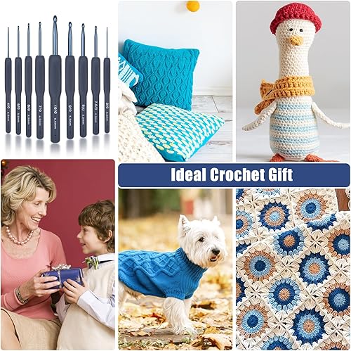 Miniatura 7 de Coopay Ganchos de ganchillo azul oscuro ergonómicos y suaves, juego de 9 agujas de ganchillo de aluminio para principiantesprofesionales, juego de