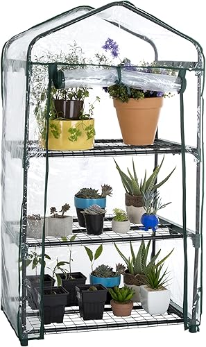 Vista 9 de Mini invernadero de 4 niveles, invernadero portátil con marco resistente al óxido y cubierta de PVC para interiores y exteriores, 27.5 x 19 x 63