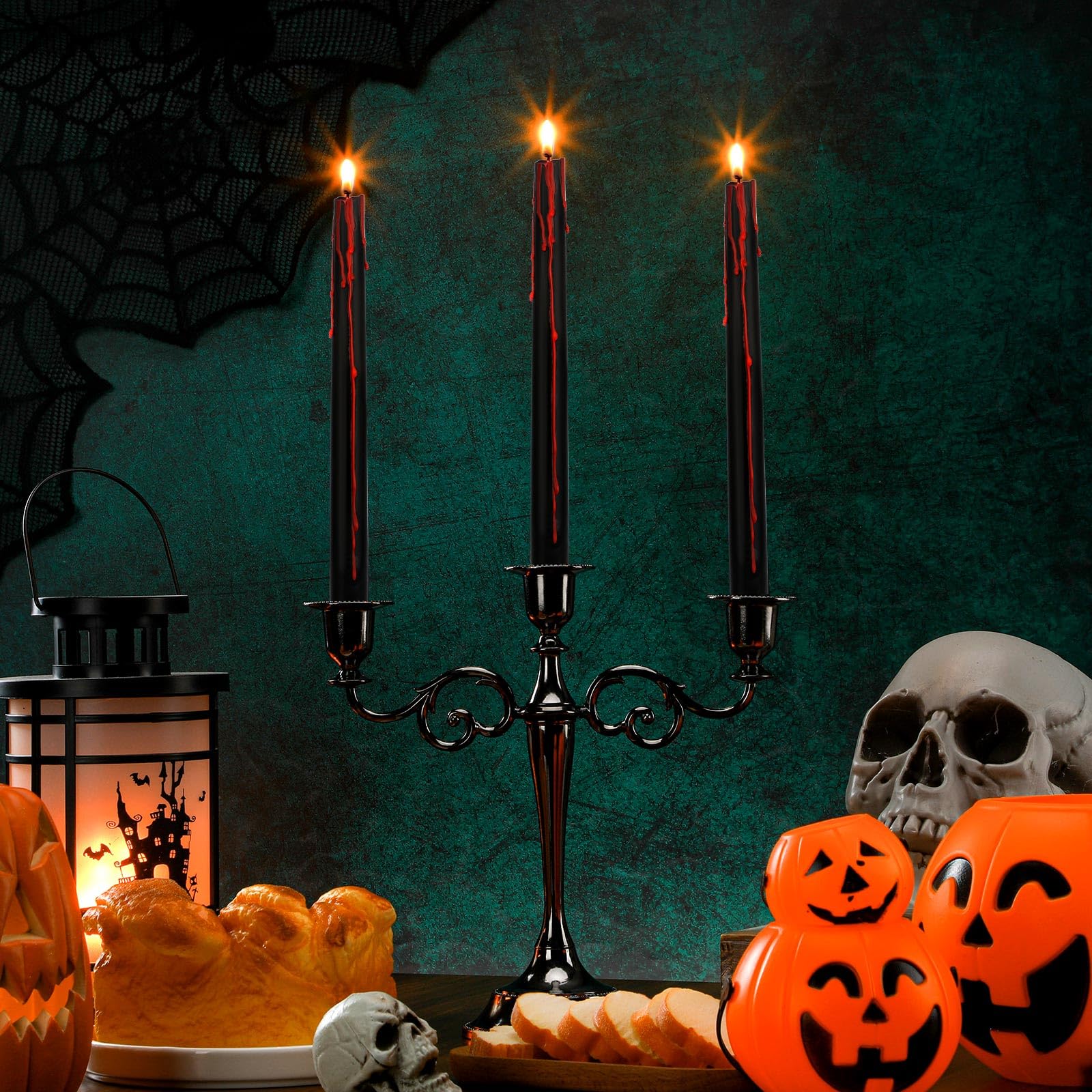 Teenyyou 6 Pcs Vampire Tears Black Bleeding Taper Candles with Holder Skull Gothic Decoration Halloween Black Tapered Tears Candles 10 Inch for Halloween(Taper)