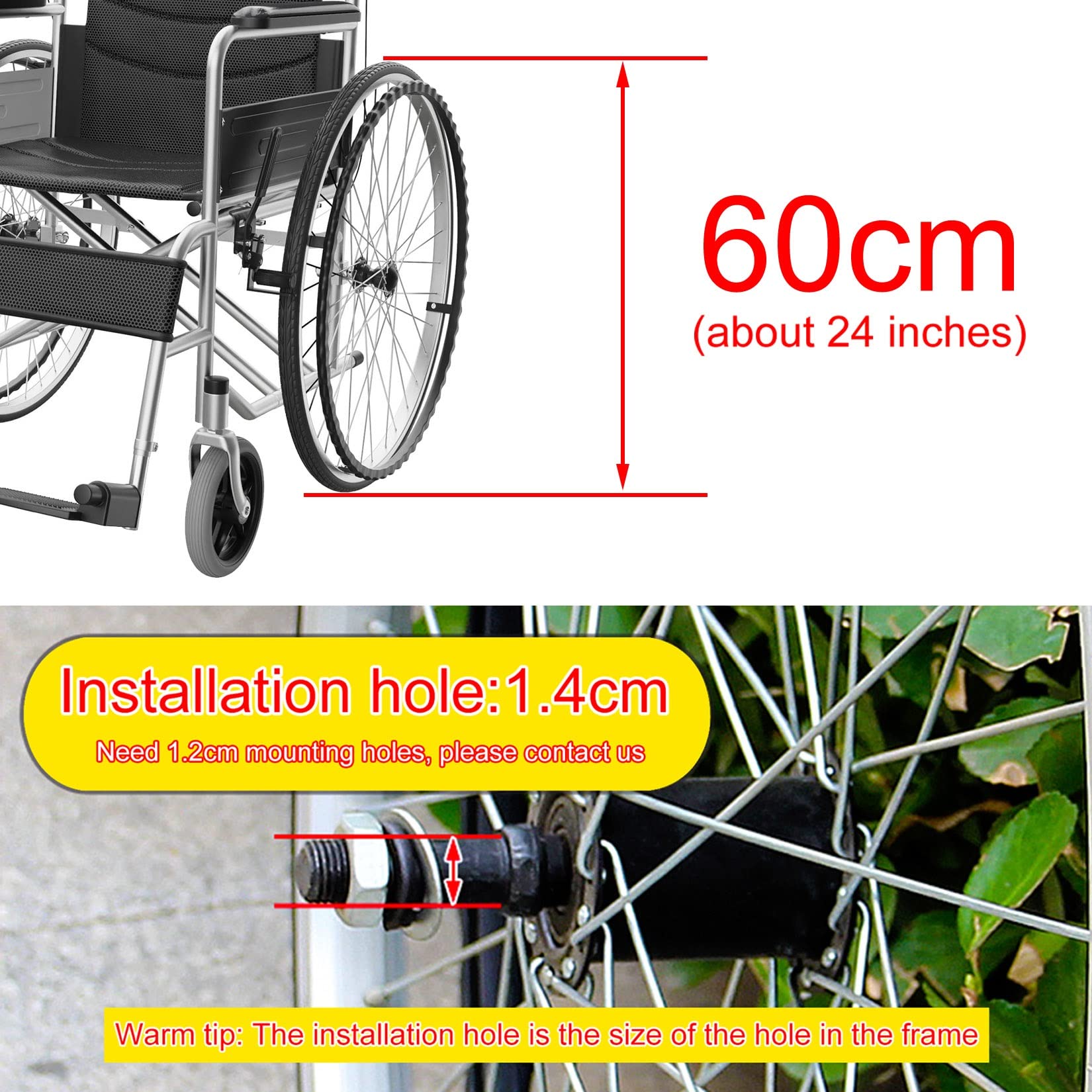 Ruedas de Repuesto para Silla de Ruedas de 24 Pulgadas (Juego de 2), Llantas de Empuje Manual, Ruedas traseras Resistentes (Color: Gris)