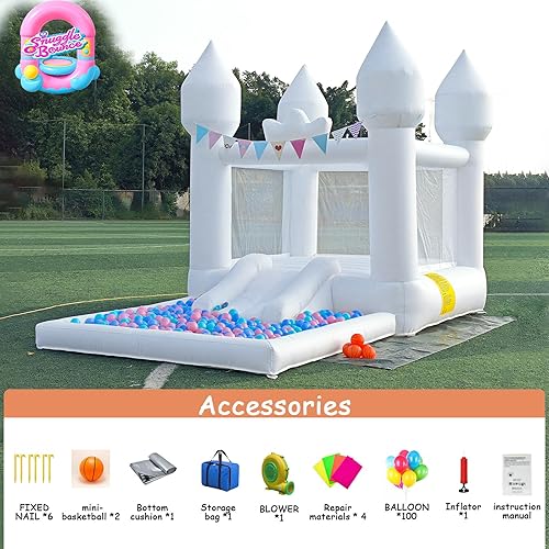 Miniatura 3 de Castillo inflable blanco de 12.5 x 7.1 pies con tobogán y piscina de bolas, juguetes para interiores y exteriores para niños activos utilizados para