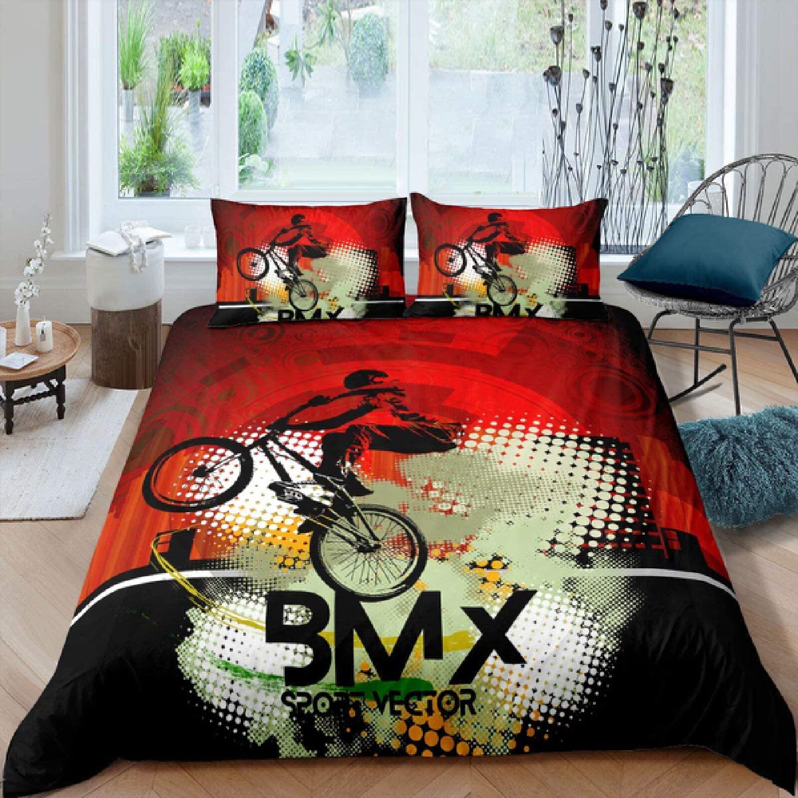Housse De Couette BMX 220x240 Cm – 3 Pièces, Microfibre Douce, Imprimé 3D Réversible, Avec 2 Taies D’oreiller