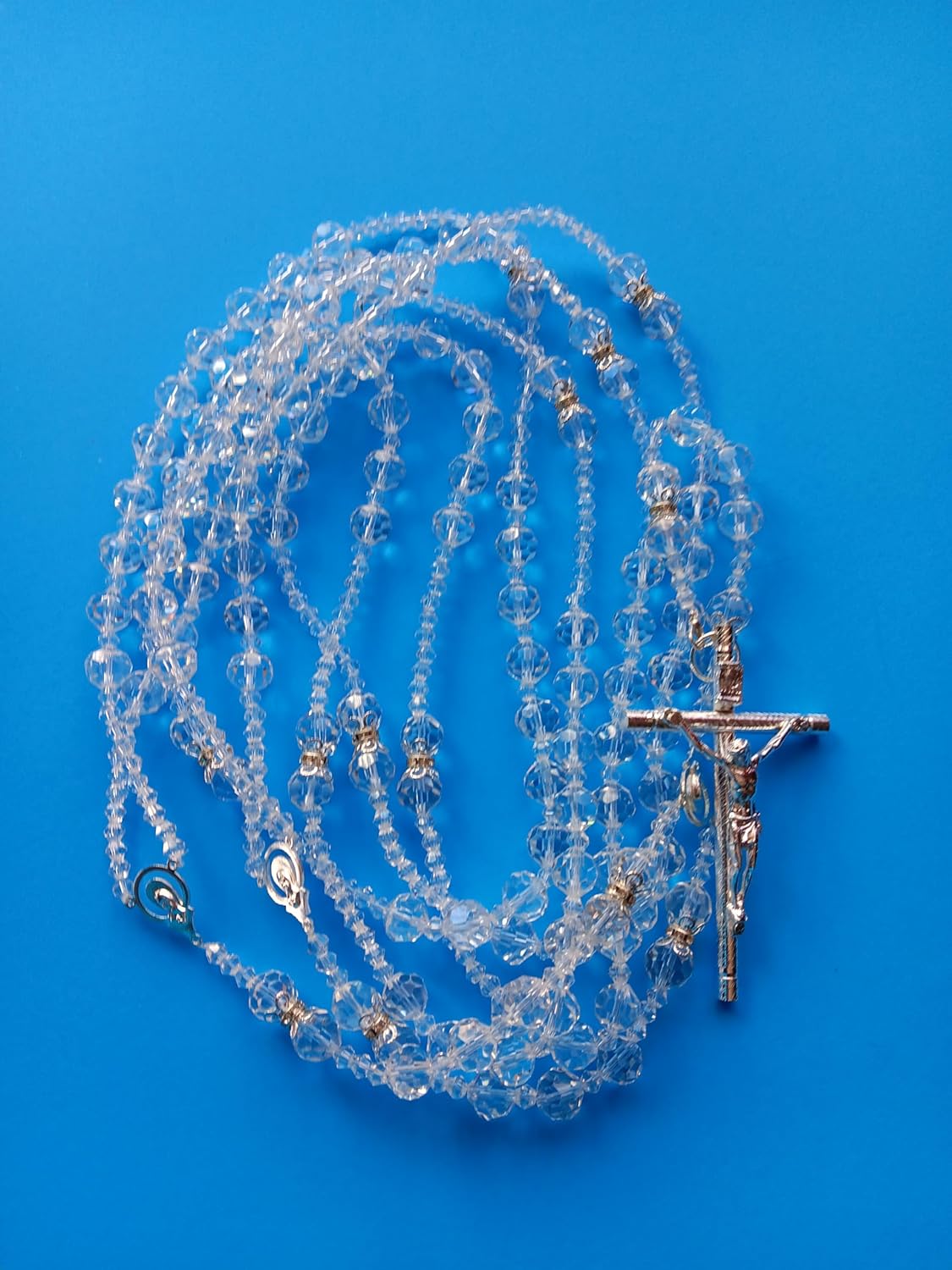 javier Wedding Lasso/Lasso para Matrimonio de Crystal de bolita con Cristal Natural con Cruz catolica Lazo Color Plata.