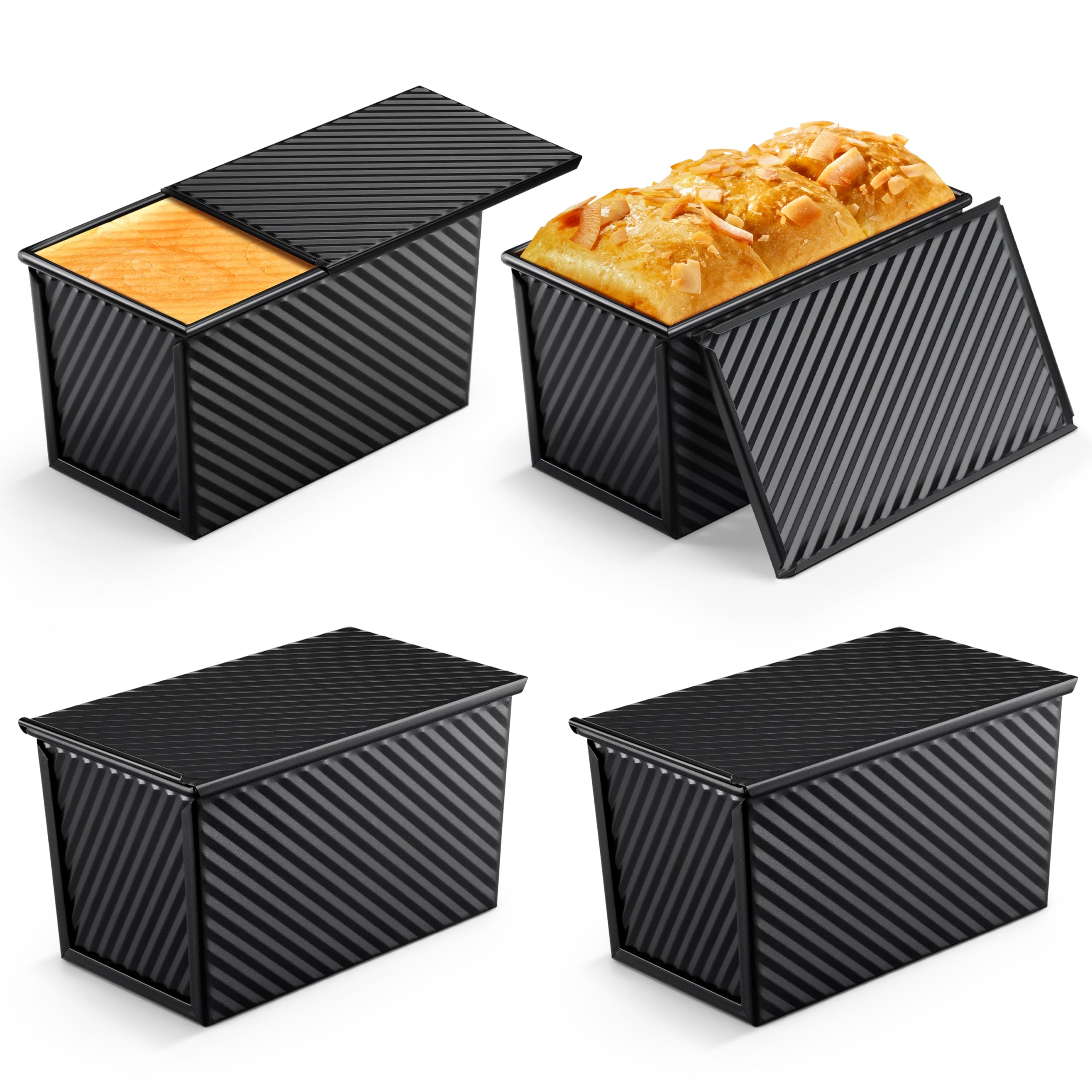 LIANYU 4 Pack Pullman Loaf Pan with Lid Set, 1 LB Carbon Steel Baking Pan