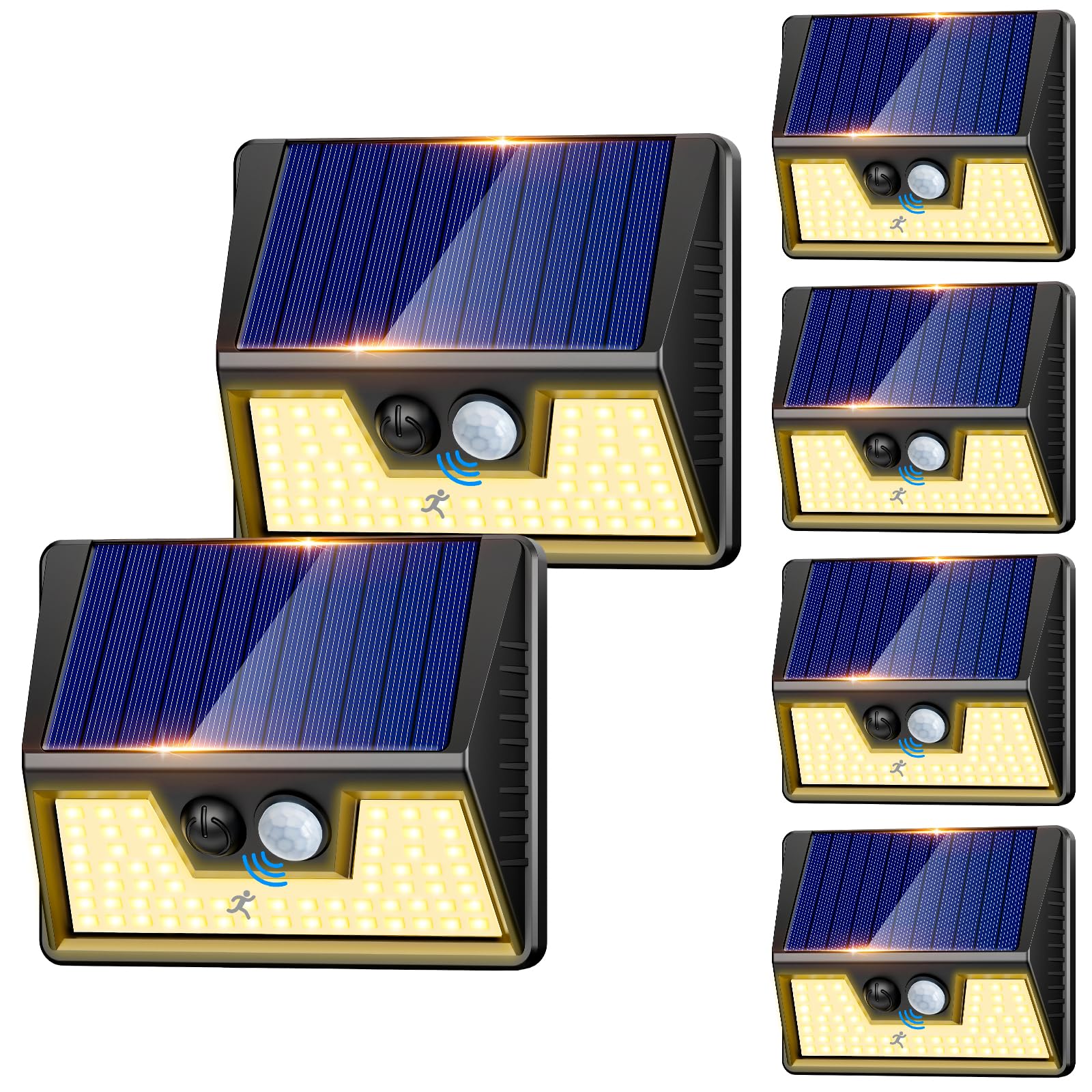 nipify Foco LED de exterior solar, 6 unidades, luz solar exterior con sensor de movimiento, 3 modos impermeables, focos solares para jardín, patio, garaje, pared, blanco cálido