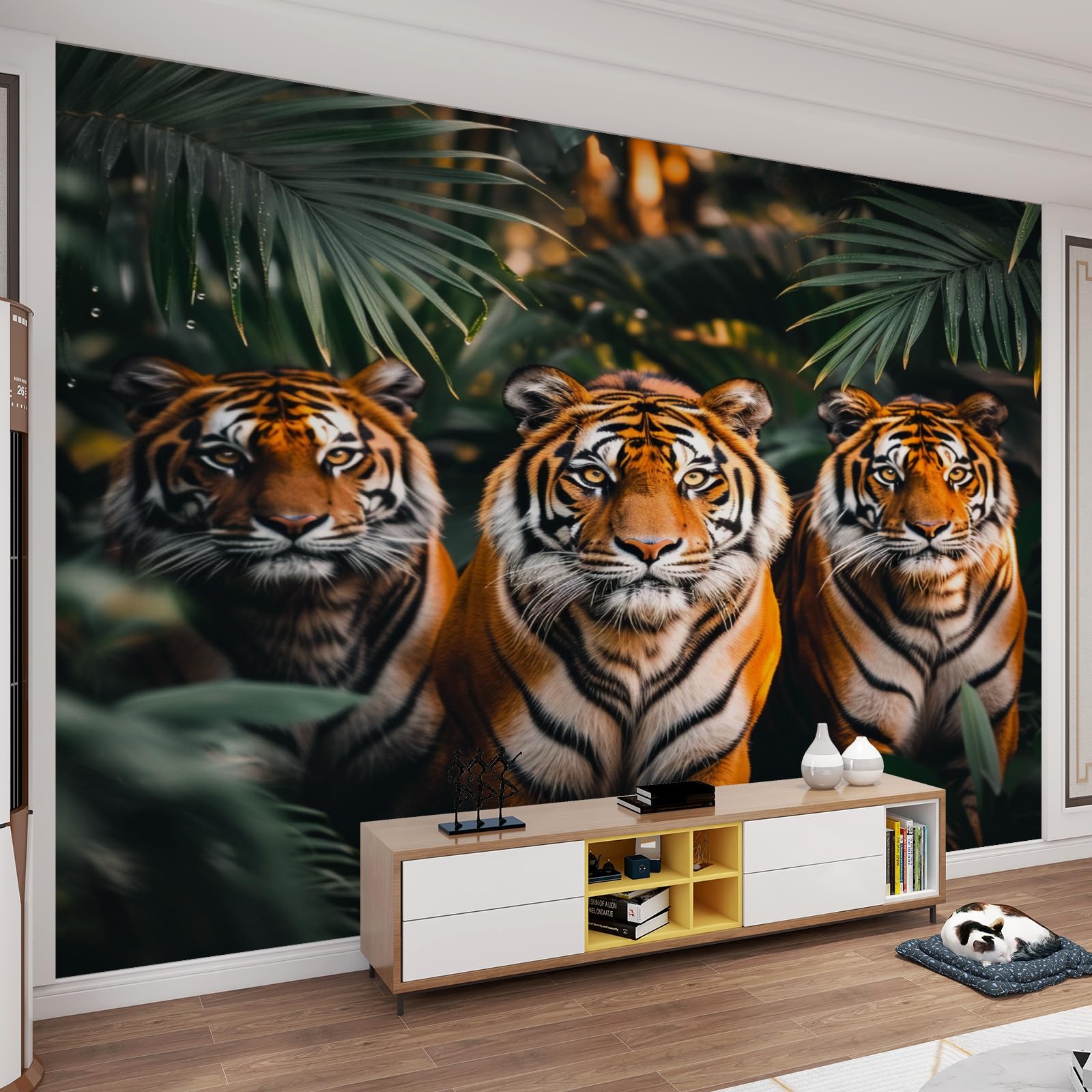 Peintures murales de la jungle avec tigre et feuilles de palmier geantes 365 x 254 cm