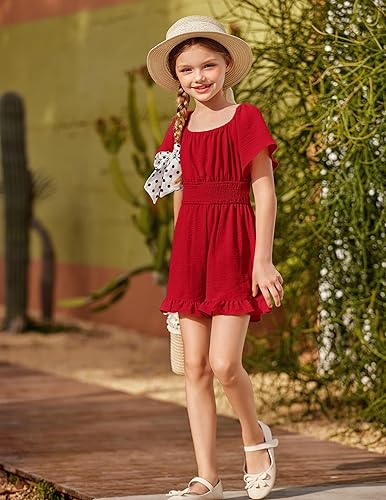 Miniatura 6 de Arshiner Overol de verano para niñas, con hombros descubiertos, manga corta, con volantes, pantalones cortos casuales fruncidos