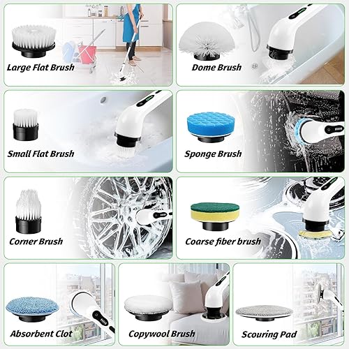 Miniatura 4 de Limpiador eléctrico giratorio, cepillo de limpieza inalámbrico impermeable con 9 cabezales de cepillo reemplazables, potencia de 1.5 horas, doble