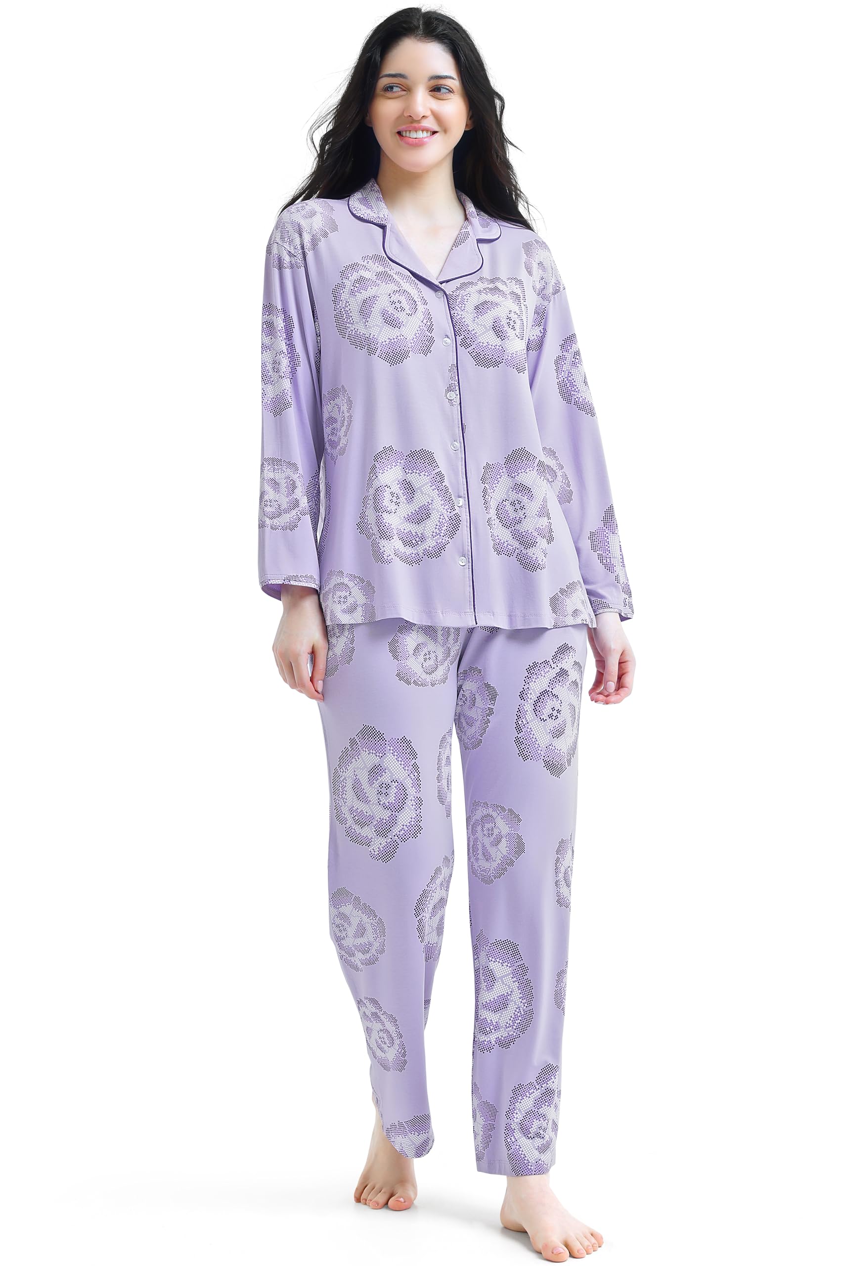 Night Suit for Womens Floral Printed Modal Night Dress of Shirt and Pajama Set 9365-image-36