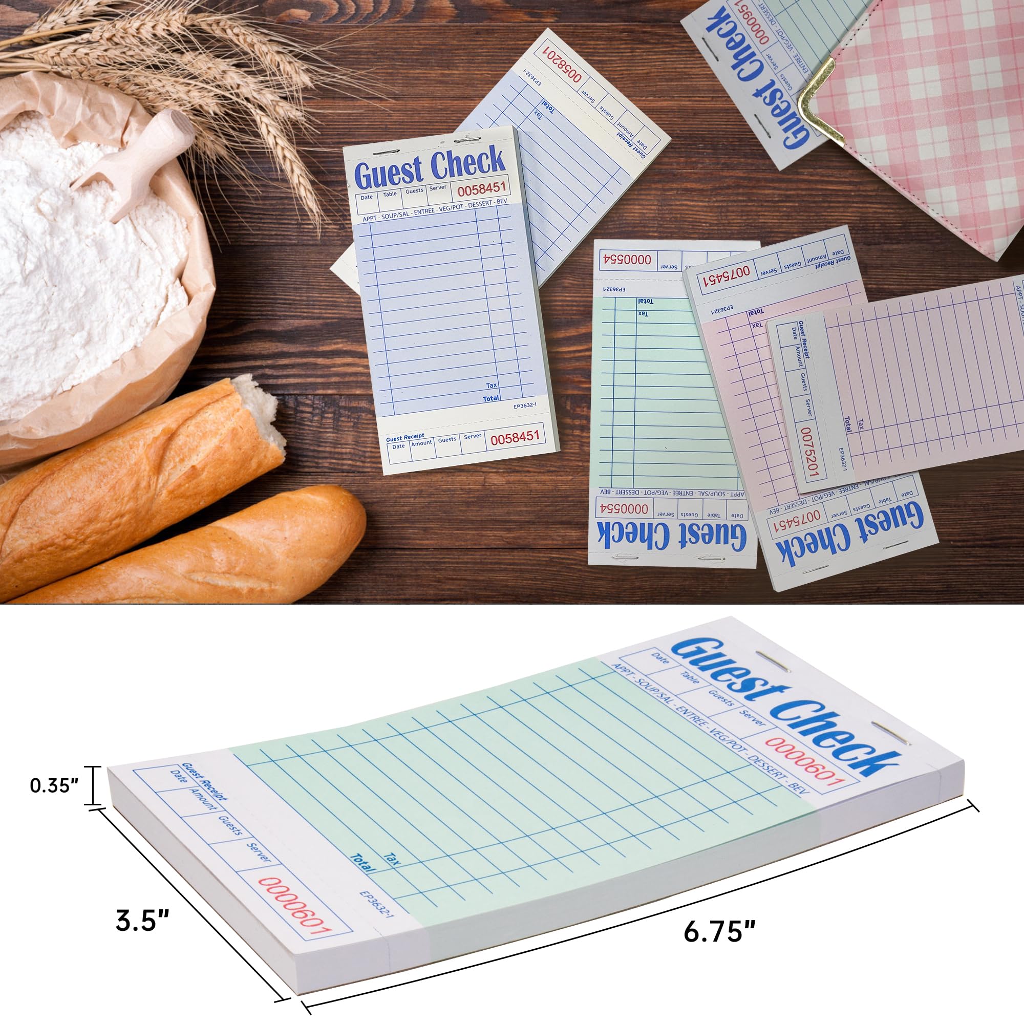 DGBDPACK Guest Checks Notizblöcke, 6 Stück, 300 Blatt, dickes Papier, 3 verschiedene Farben, 8,9 x 17,5 cm (EP-3632-1)