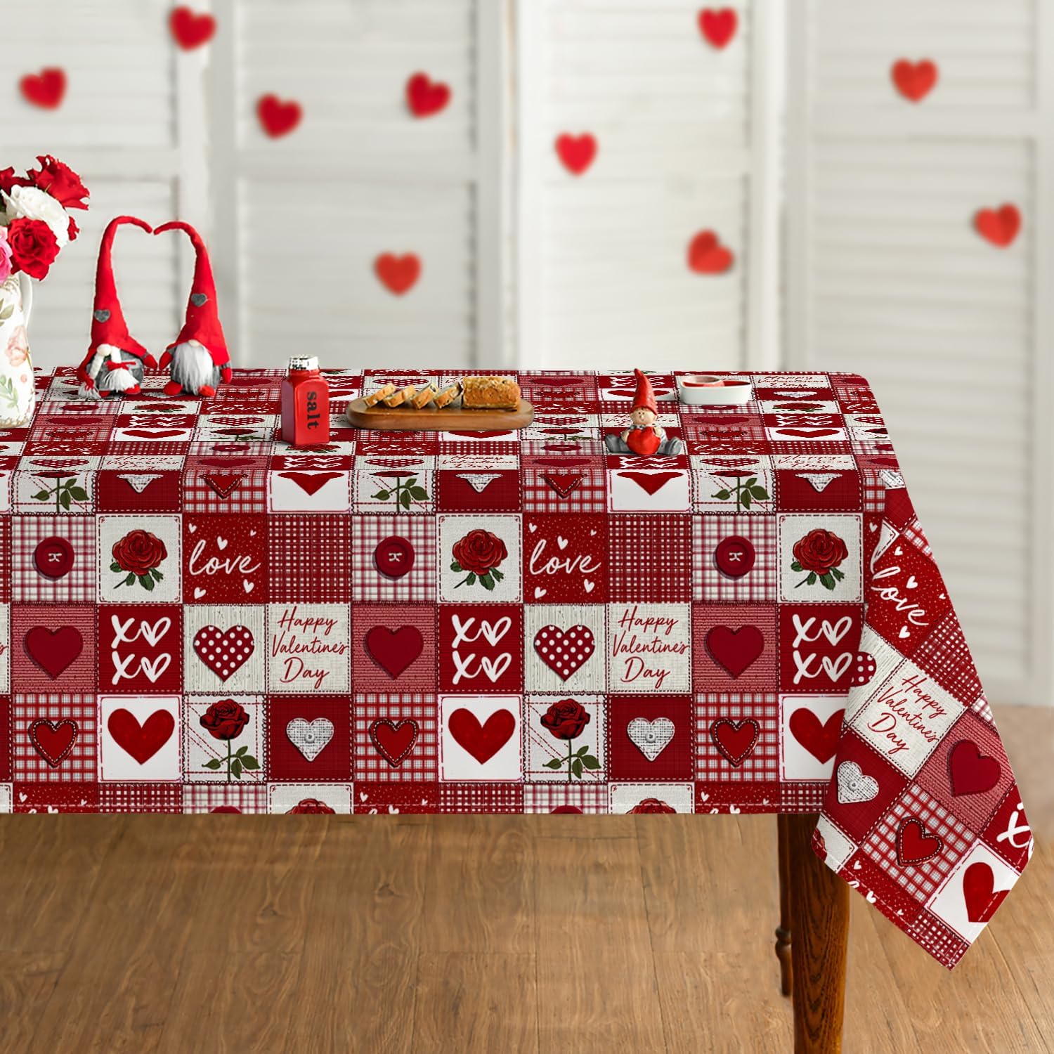 Horaldaily Valentine Tablecloth 60×84 Inch Rectangular, Patchwork-Style Pattern Rose Red Heart Buffalo Plaid Washable Table Cover for Party Picnic Dinner Decor