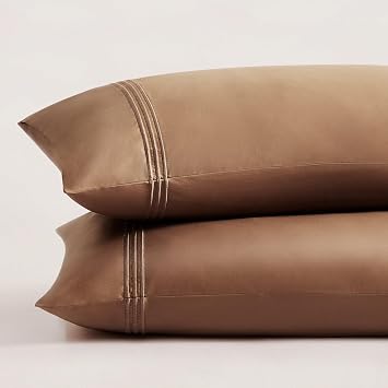 Pure Parima Triple Luxe Sateen Hotel Collection Pillowcase Set 100% Certified Egyptian Cotton, Baratta Embroidery, King, Caramel