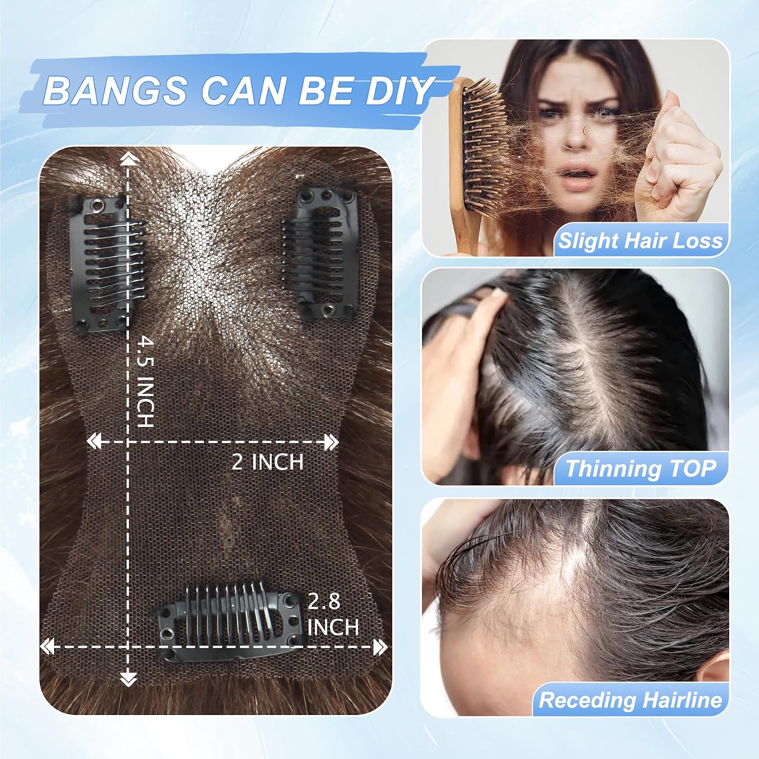 WORLDSTAR Hair Toppers for Woman Real Human Hair Baby Hair Bangs 15g 10inch 2.8 * 4.5 Inch Base Dark Brown 3D 360° Coverage Clip in Bangs No Trace Patch Hairline,Hair Pieces for Woman(#t-B)