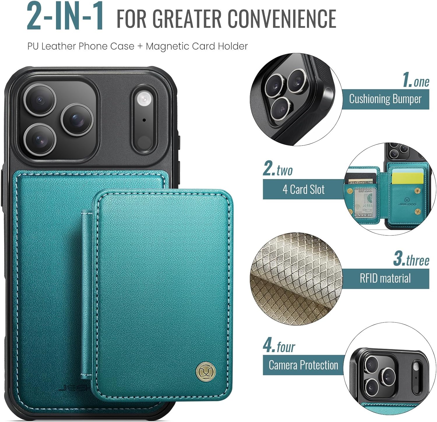 Wallet Case for iPhone 17 Pro Max Compatible with MagSafe for Men Women, 2 in 1 Detachable Magnetic Phone Case with Card Holder Kickstand RFID Blocking for iPhone 17 Pro Max, Teal - Image 2