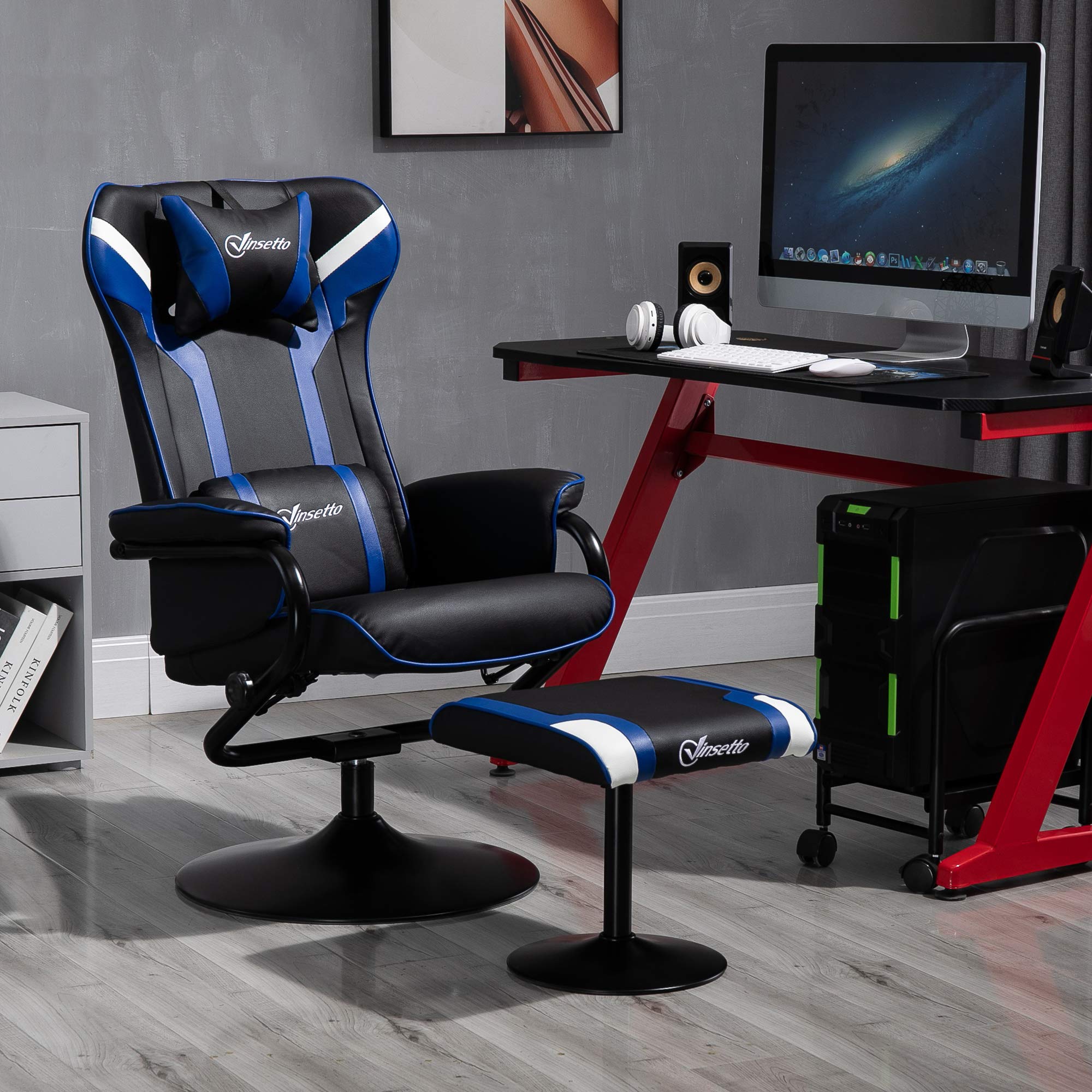 Vinsetto Set 2 Pezzi Poltrona Gaming Reclinabile con Sgabello Poggiapiedi, Inclinazione 130° e Supporto Lombare, Nero e Blu Scuro