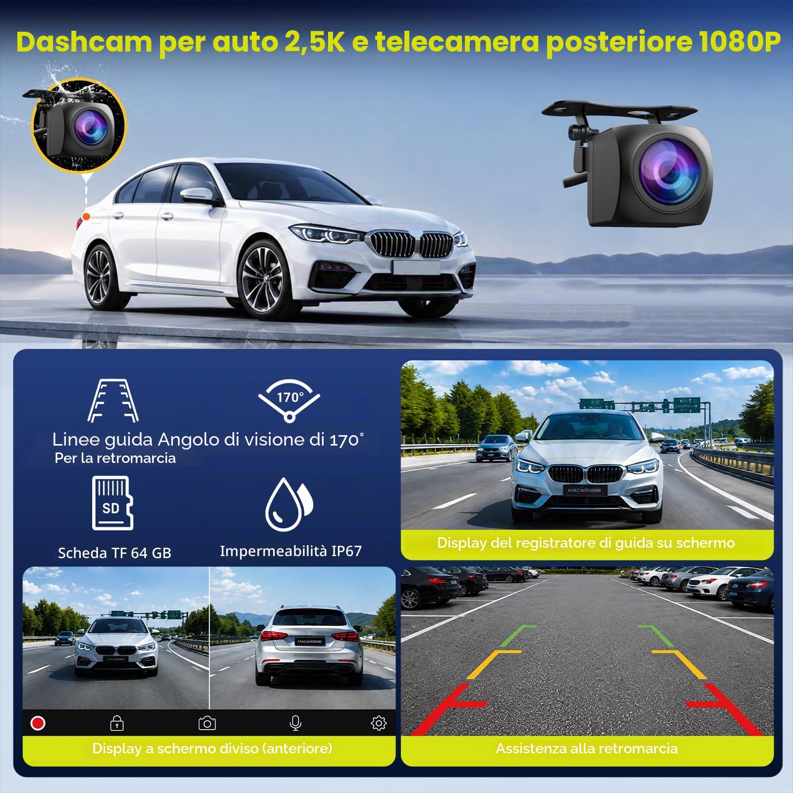 LAMTTO Display Wireless CarPlay & Android Auto Con Dashcam 2,5K + 1080P, Schermo Touch HD Portatile da 6,86 Pollici, CarPlay Con Assistente Vocale, Navigazione, Bluetooth, Scheda da 64 GB, Mirror Link