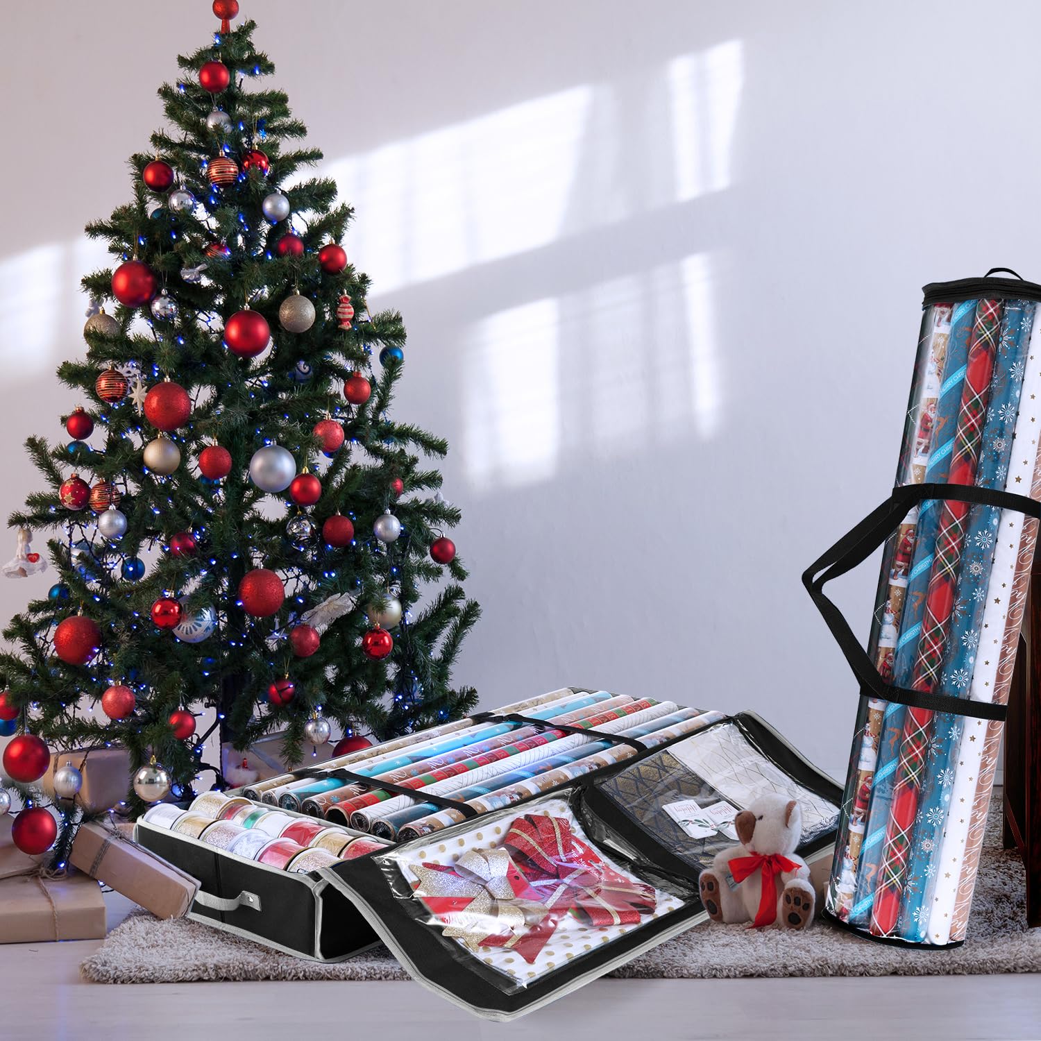 Hearth & Harbor Geschenkpapier-Aufbewahrungsbehälter – Weihnachts-Aufbewahrungstasche mit Innentaschen – Geschenkverpackungs-Organizer für bis zu 36 Rollen à 101,6 cm – reißfester