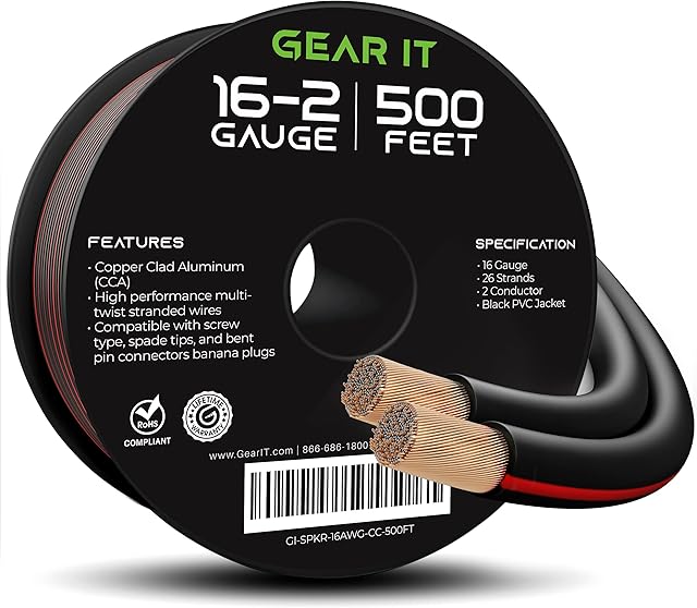 GearIT Speaker Wire, 16-Gauge Speaker Wire, 16AWG (500 Feet / 152 Meters) Speaker Wire, Black