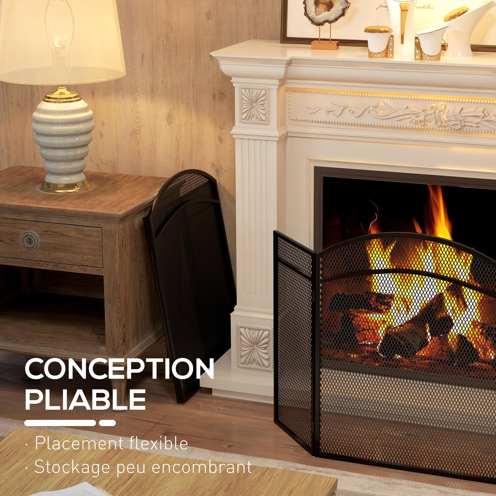 HOMCOM Pare-feu cheminée Pliable 3 Panneaux, Grille de Protection en Maille avec Motif Chevron, 96x60 cm, Métal Noir