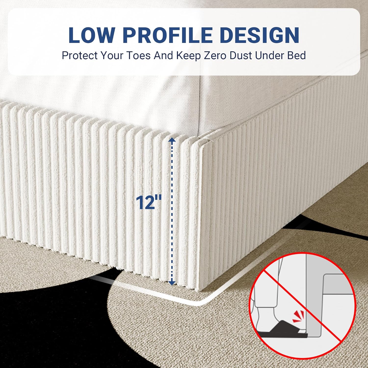 Allewie Queen Bed Frame, Upholstered Platform Bed, Adjustable Vertical Channel Tufted Headboard, Corduroy Fabric, Modern Low Profile, Wooden Slats, No Box Spring Needed, Easy Assembly, White