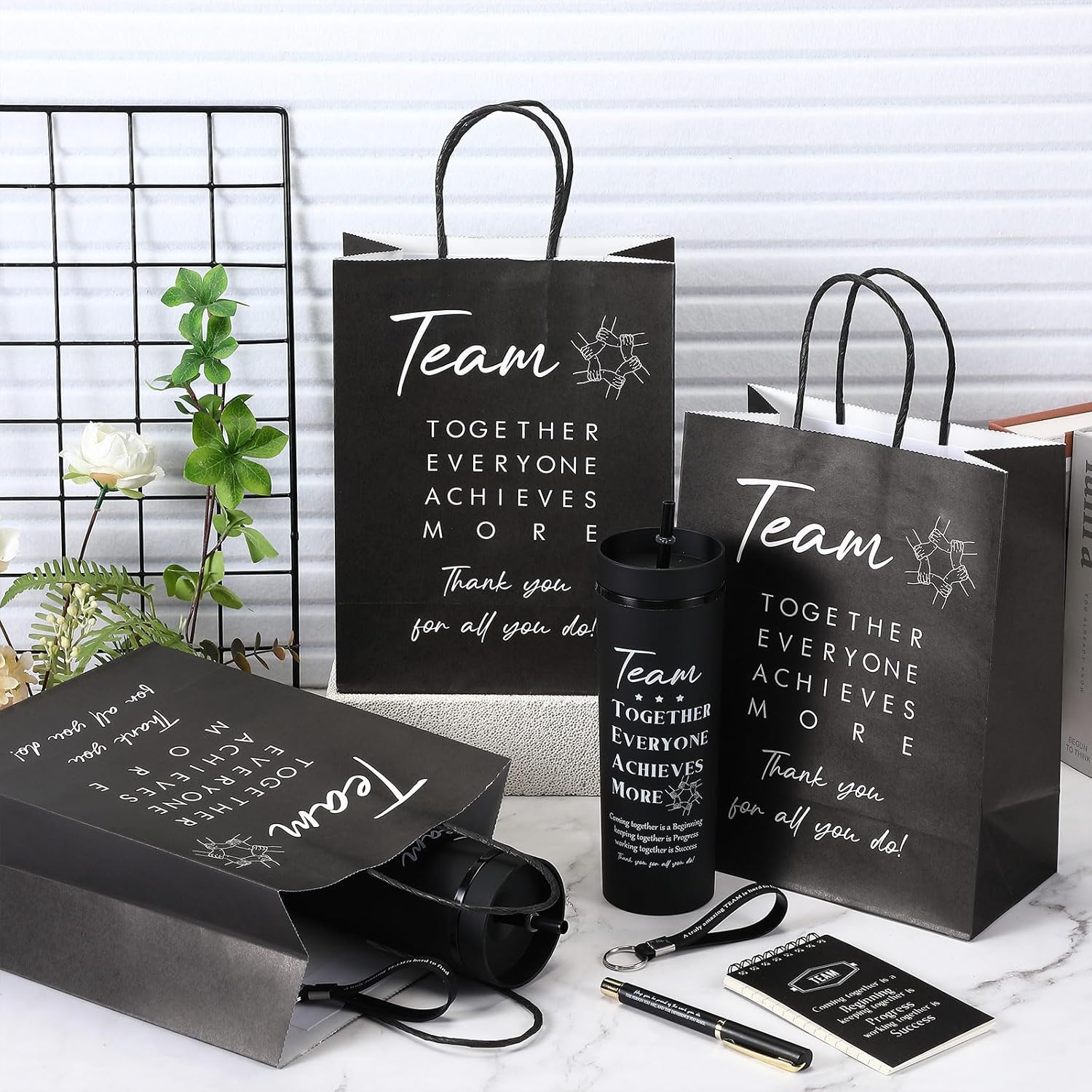 Paterr 60pcs Employee Appreciation Gifts Include 12 Employee Appreciation Cups with Straws 12 Notebook 12 Inspirational Pens 12 Thank You Paper Bags 12 Silicone Keychains for Team Colleagues