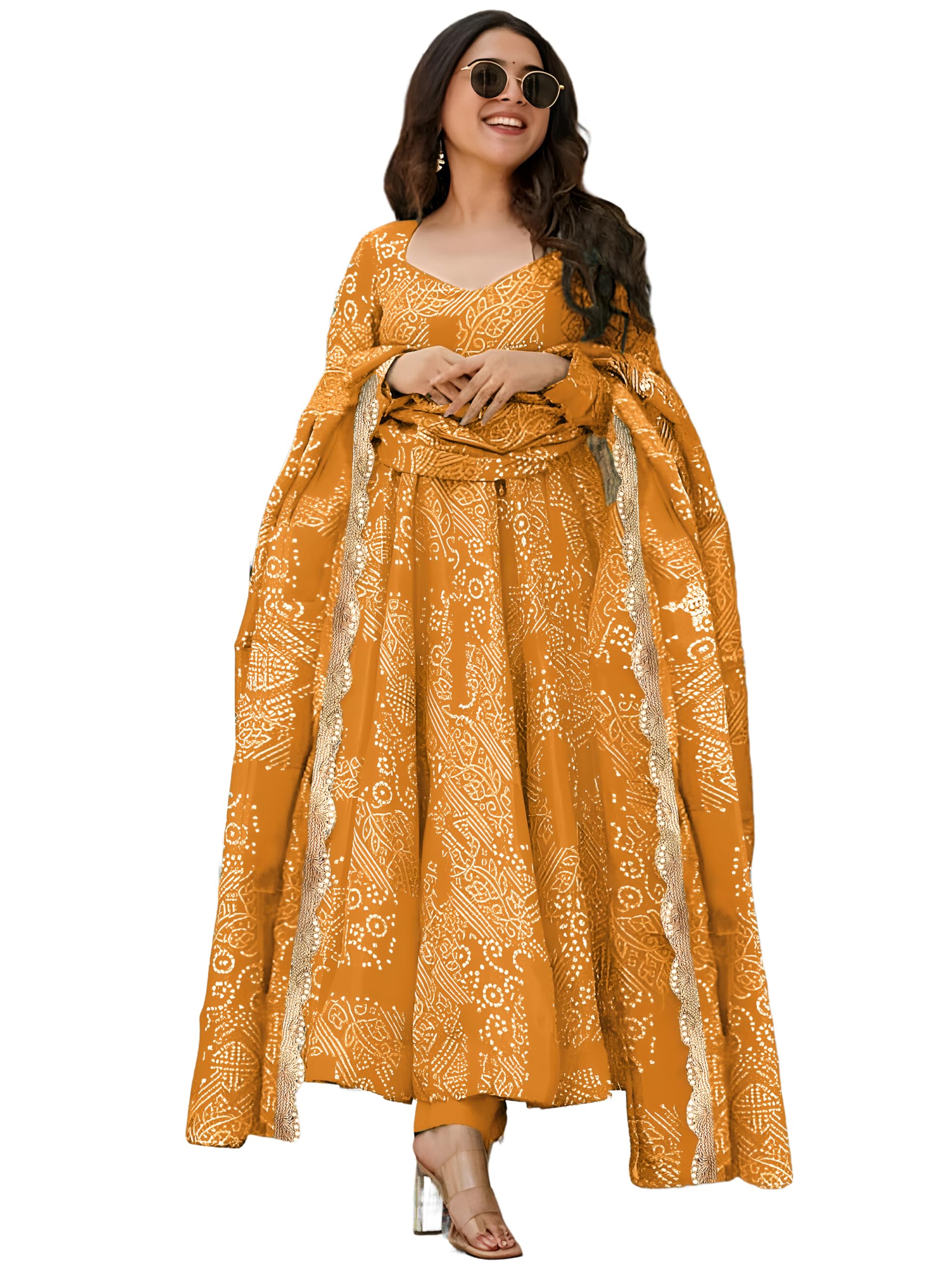Women's Bandhani Print Flared Anarkali Muslin Kurta Set with Pant & Stylish Dupatta Ethnic Long Sleeve Dress Suit Set|Regular Fit-image-34